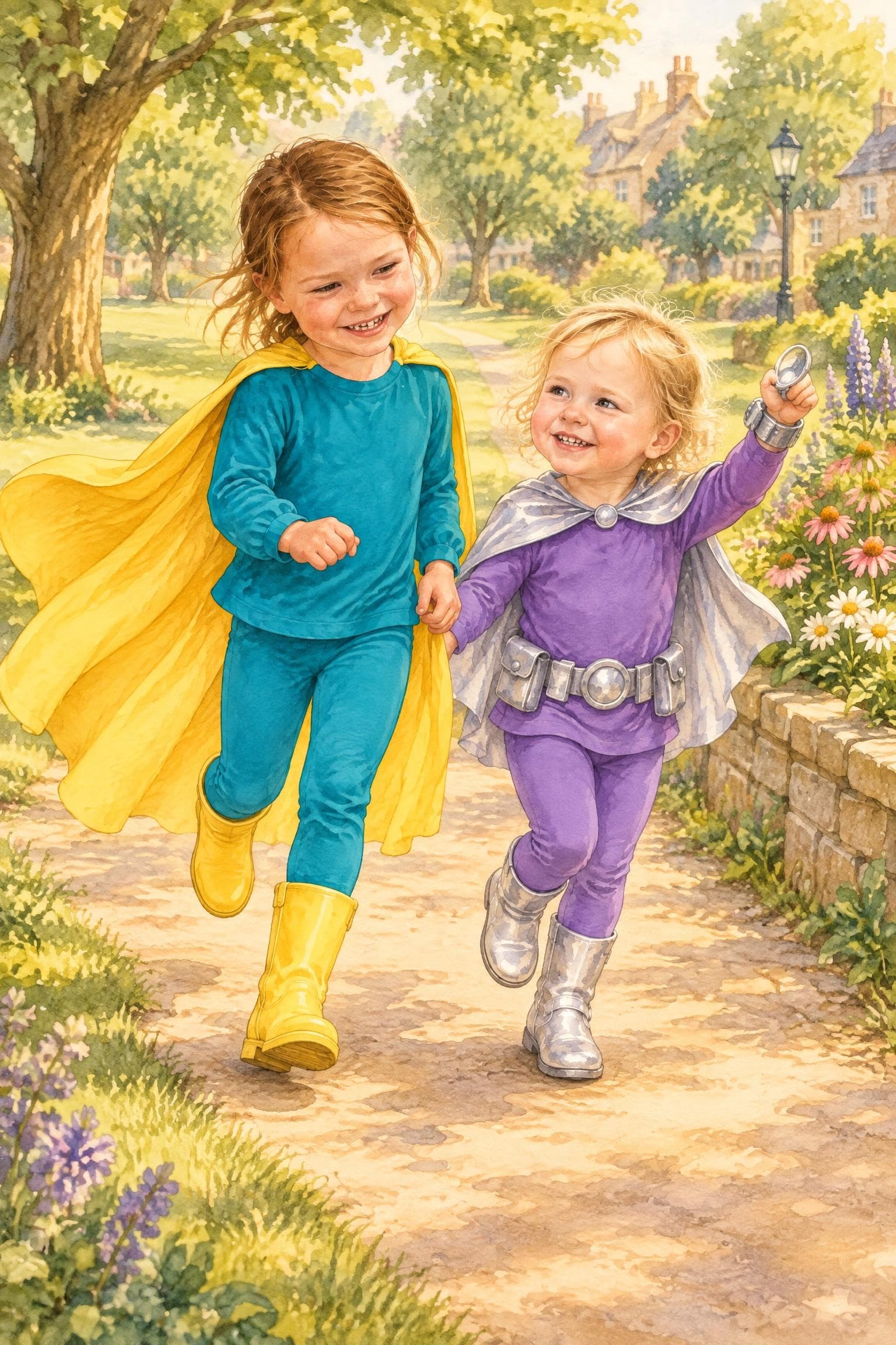 A painted storybook page: two girls in capes running hand in hand along a sunny garden path