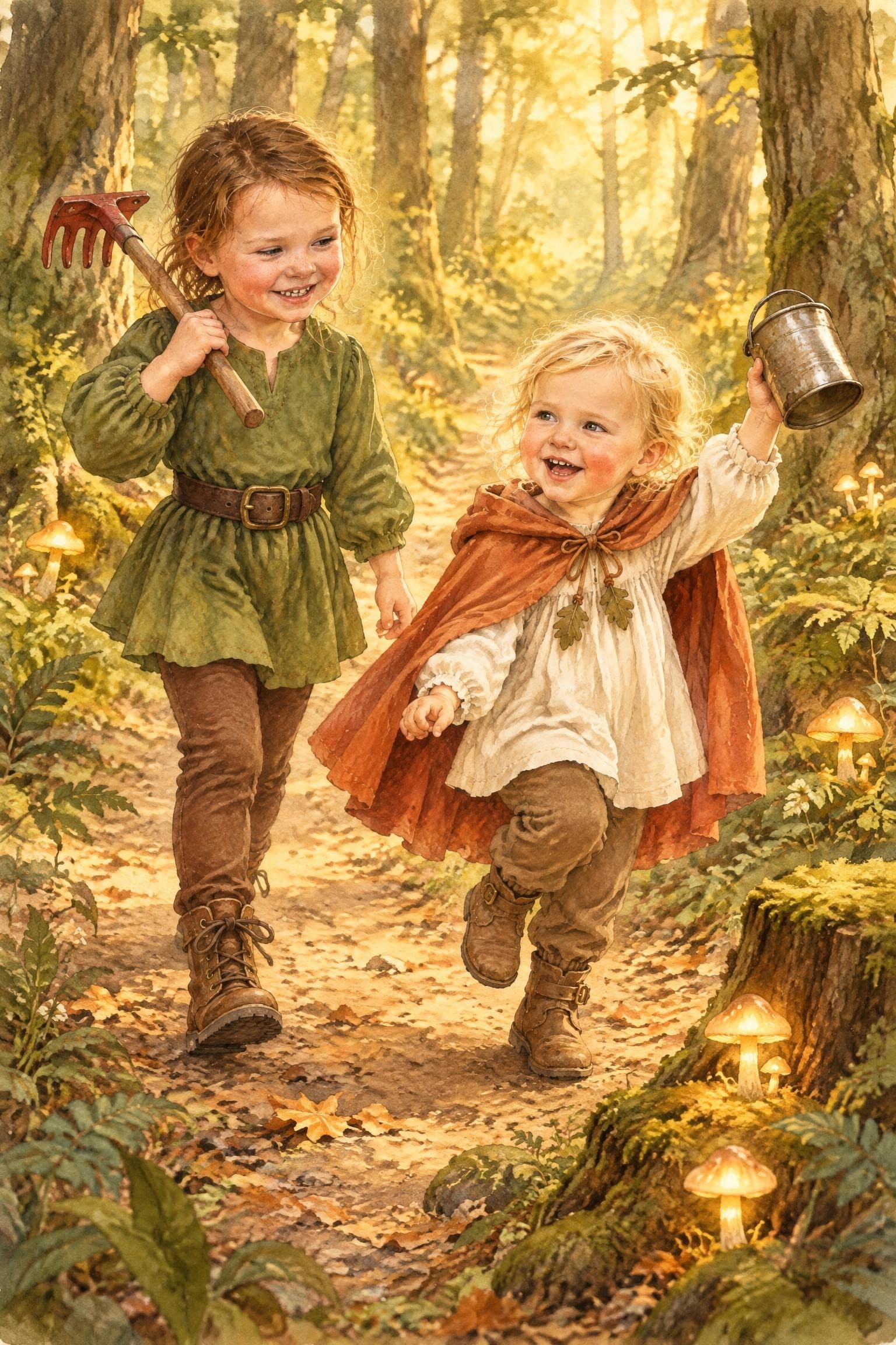 A painted storybook page: two girls skipping along a forest path lit by glowing mushrooms, one carrying a rake, the other a tin can