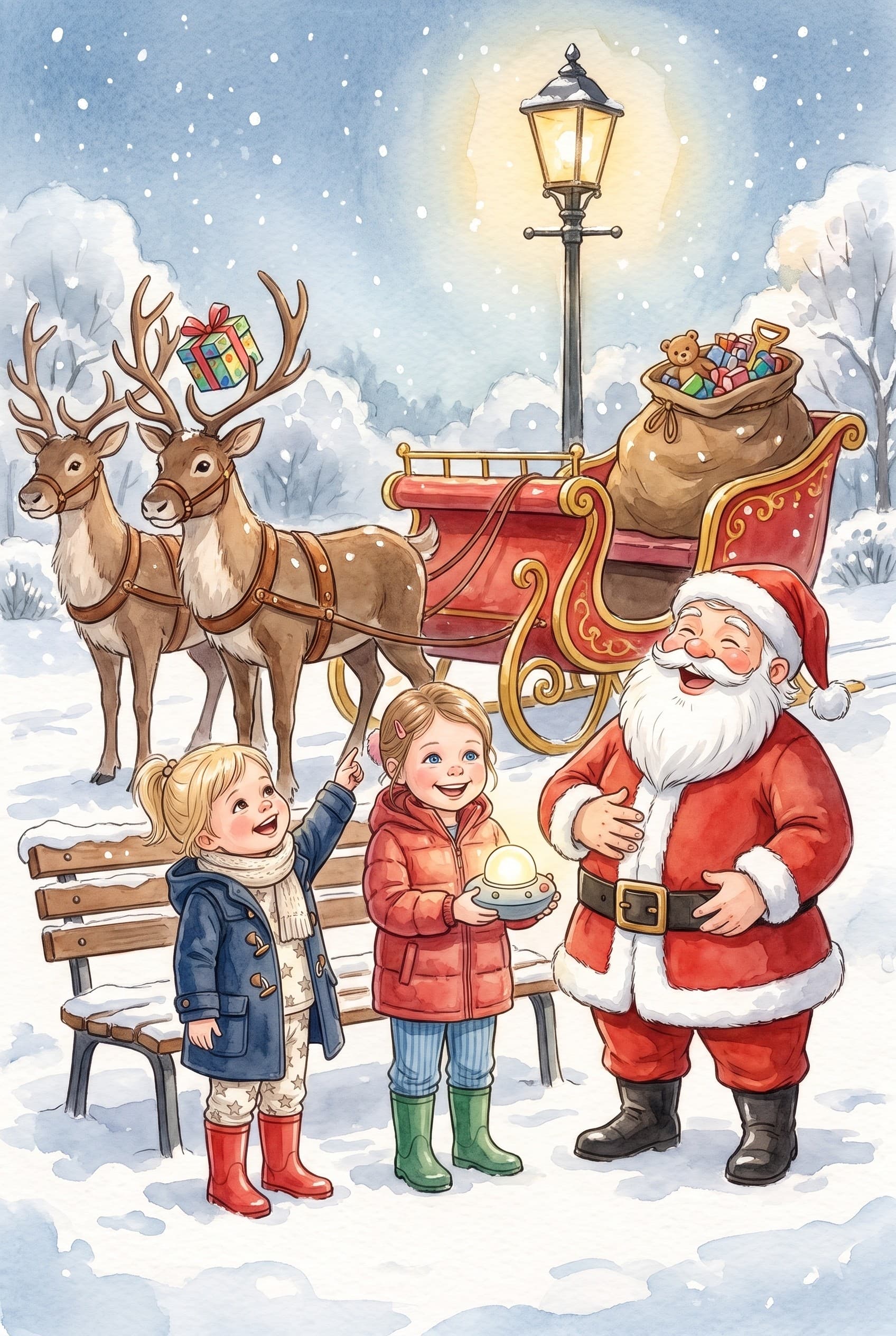 A watercolour storybook page: two girls in winter coats laughing with Santa under a lamp post in a snowy park, a small wrapped present caught in a reindeer's antlers behind them