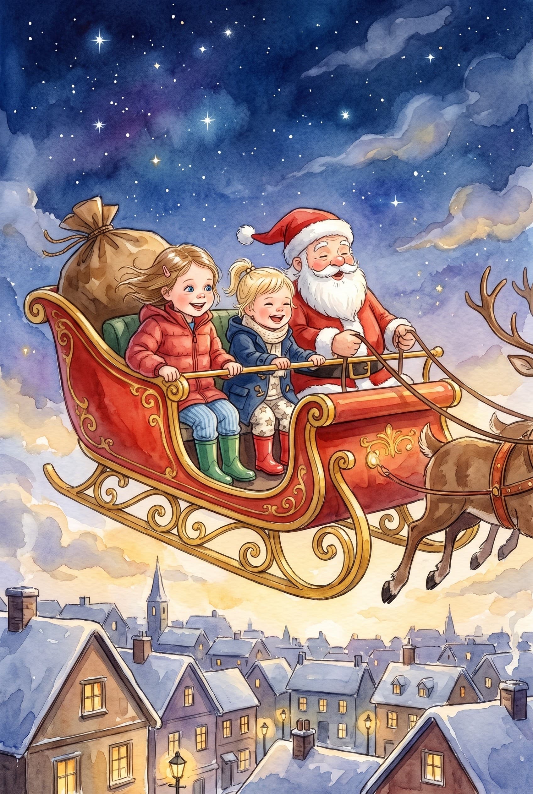 A watercolour storybook page: two girls on the front bench of Santa's sleigh beside him, flying over a snowy town at night under the stars