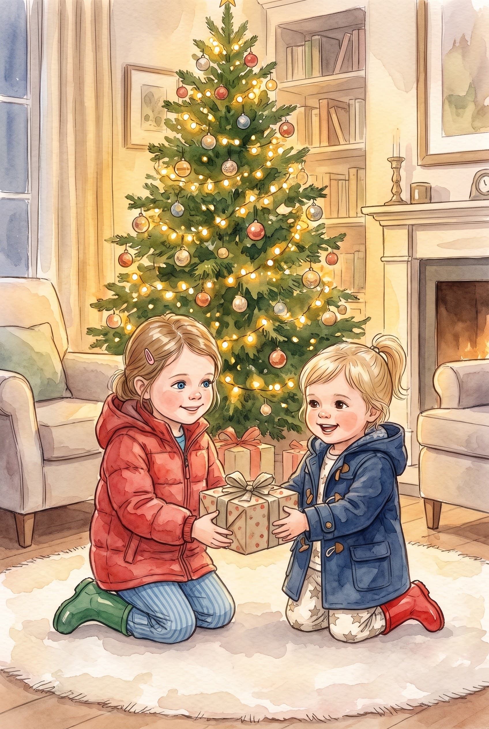 A watercolour storybook page: two girls kneeling by a lit Christmas tree, holding a wrapped present between them
