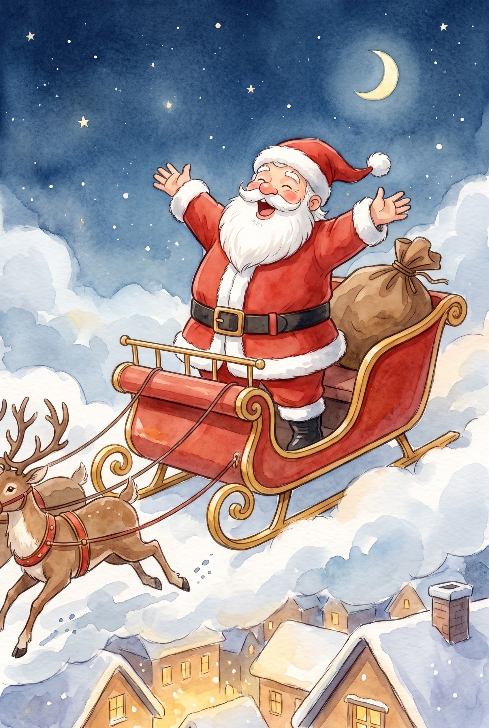A watercolour storybook page: Santa standing up in his red and gold sleigh high over snowy rooftops at night, eyes shut and arms flung wide, singing, with two reindeer leaping ahead