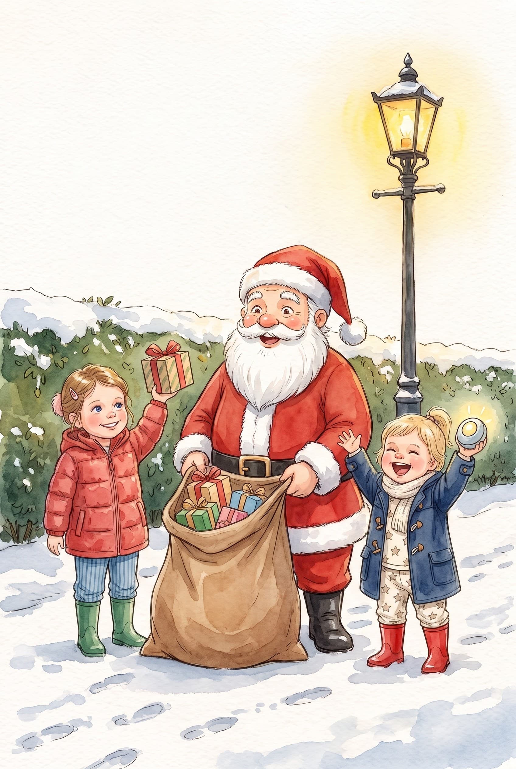 A watercolour storybook page: Santa holding his sack of presents in a snowy park, a girl lifting a present high and her little sister cheering