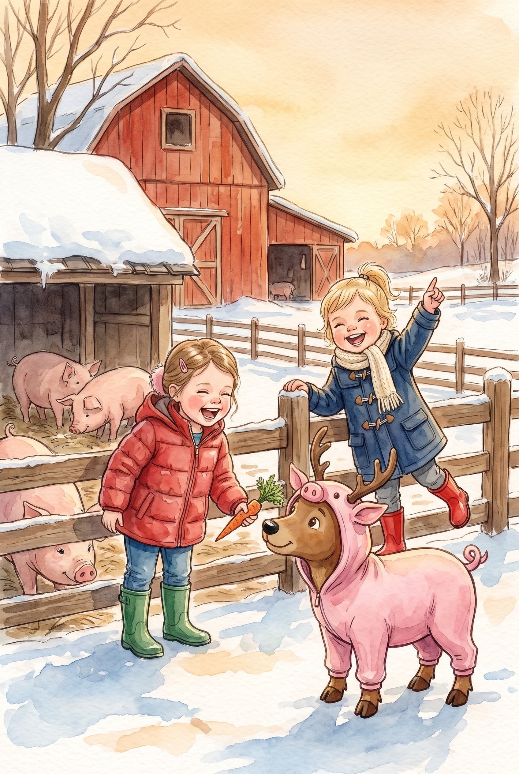 A watercolour storybook page: two girls laughing in a snowy farmyard, one holding a carrot out to a tall pink pig with antlers while the real pigs snuffle at the trough