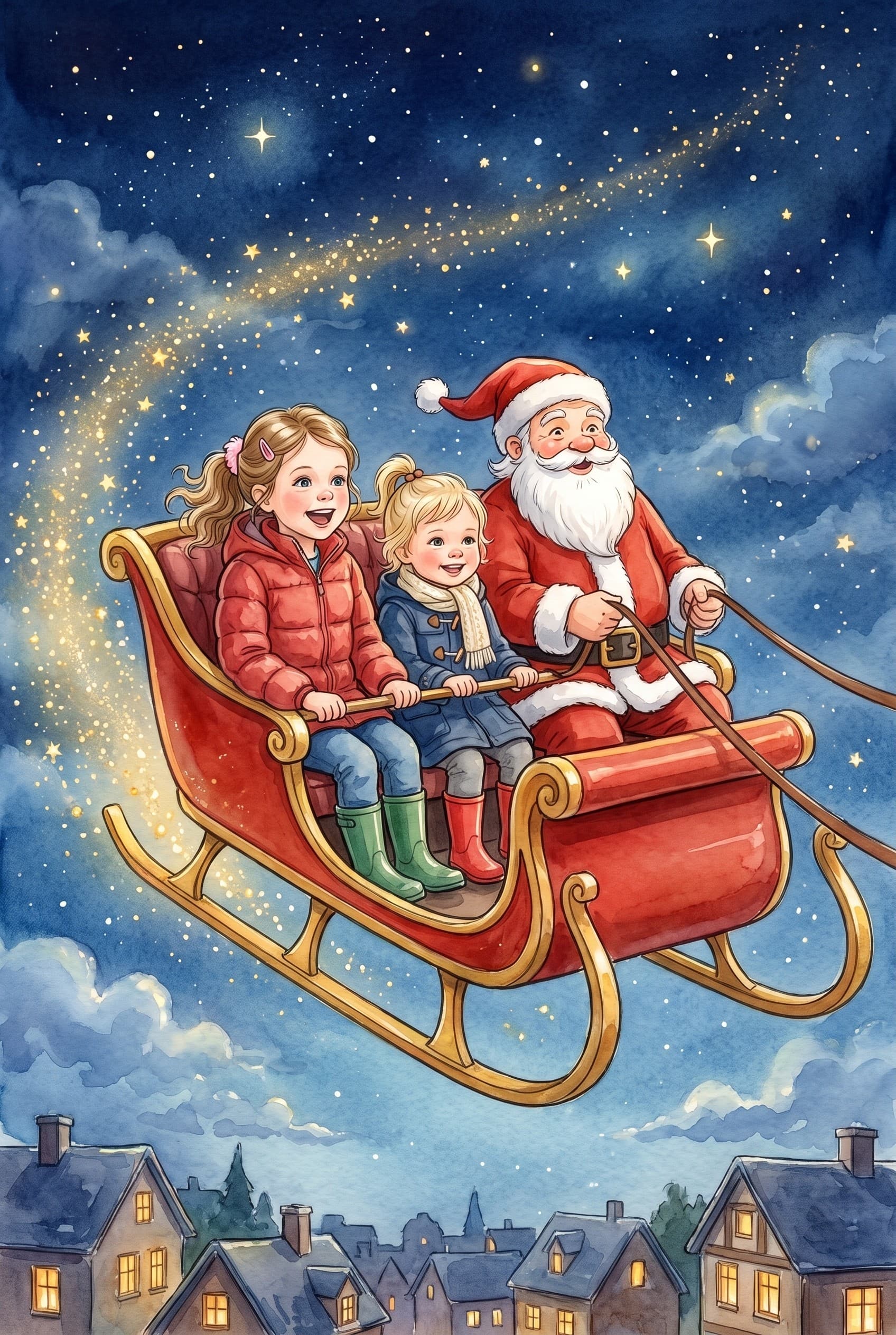 A watercolour storybook page: two girls buckled into Santa's red and gold sleigh beside him, flying high over the village on a starry night, with a trail of golden sparkles behind