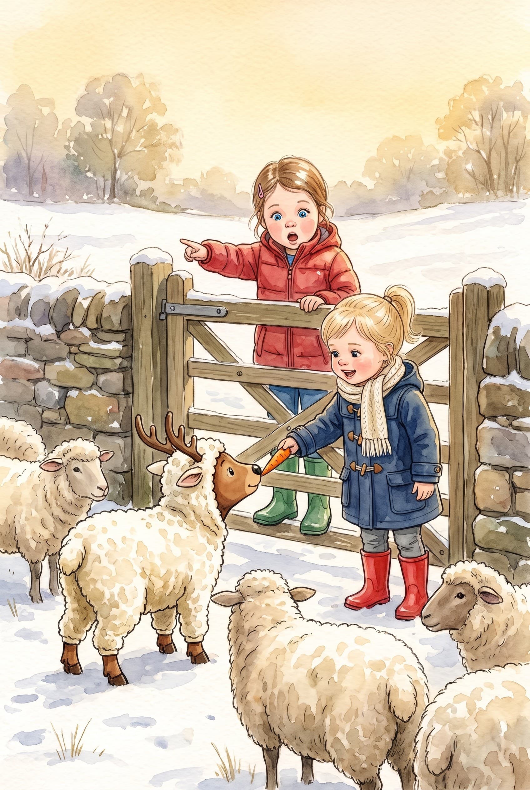 A watercolour storybook page: two girls at a farm gate in a snowy field, the younger one holding out a carrot to a sheep with antlers among the real sheep
