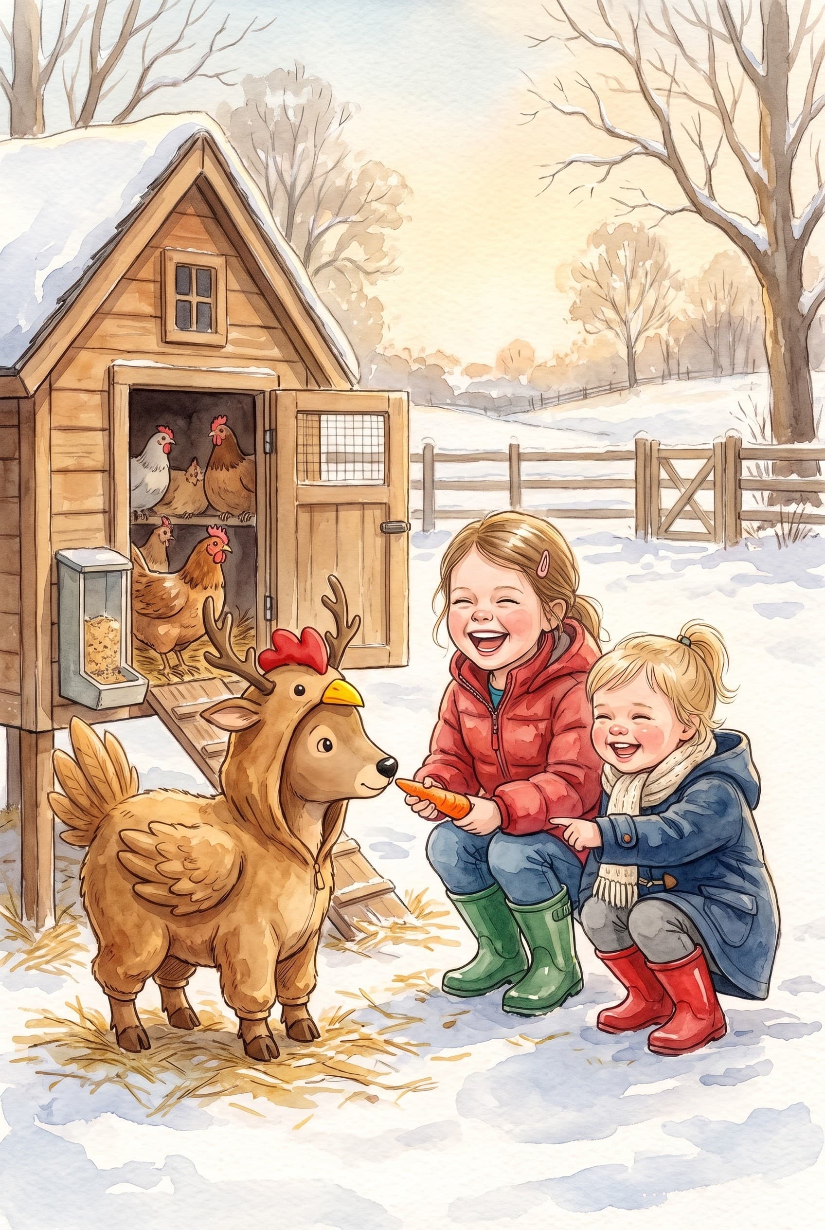 A watercolour storybook page: two girls laughing beside a hen house in the snow, holding a carrot out to a very big brown hen with antlers and four hooves