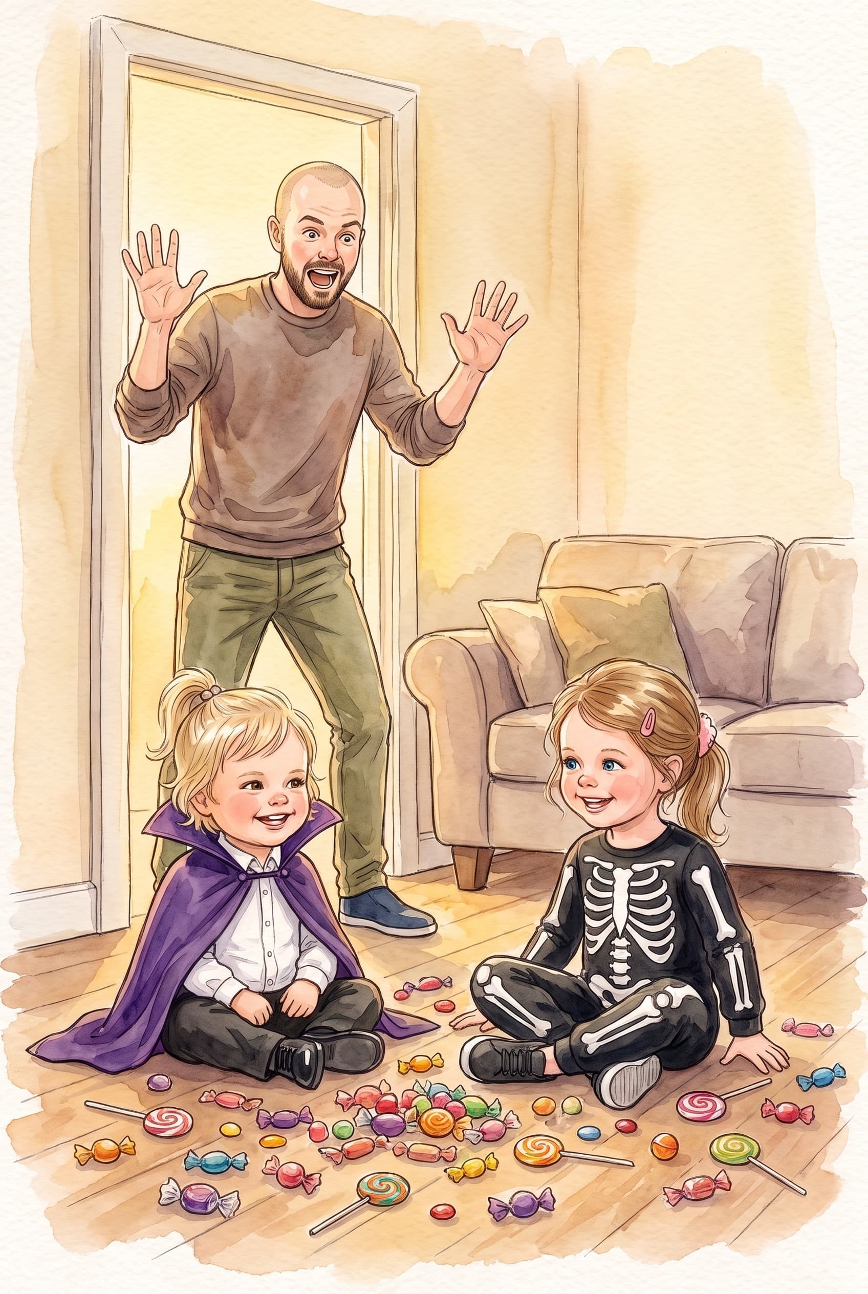 A watercolour storybook page: the two girls sitting in a heap of sweets on the living-room floor as their dad screams in the doorway