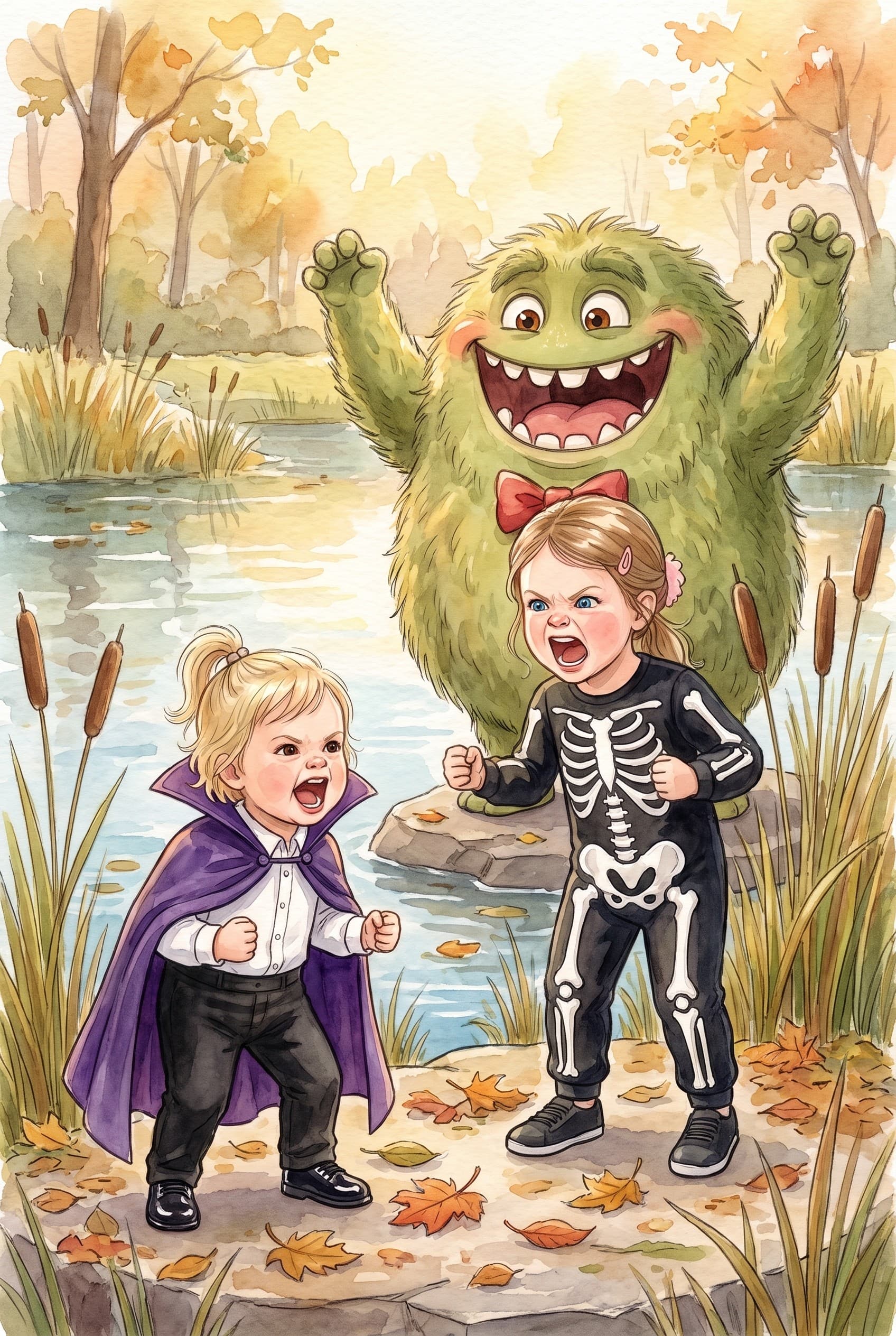 A watercolour storybook page: two girls in a skeleton suit and a vampire cape roaring beside a big, friendly green monster in a red bow tie, by a pond