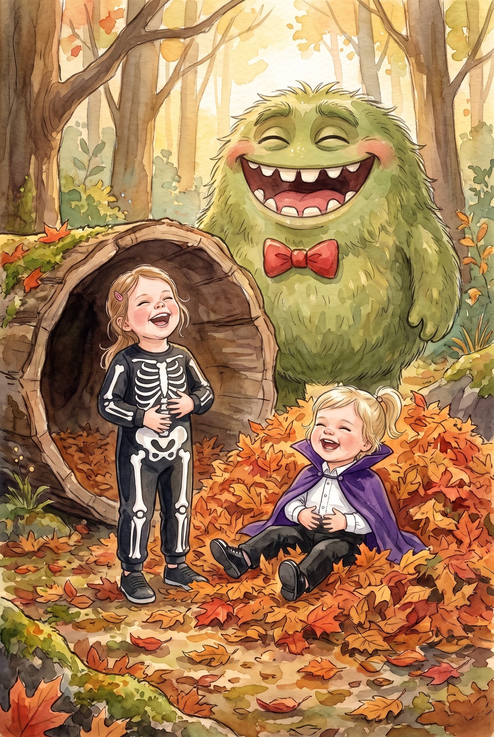 A watercolour storybook page: the two girls laughing until they hold their tummies, the friendly green monster laughing with them in an autumn wood