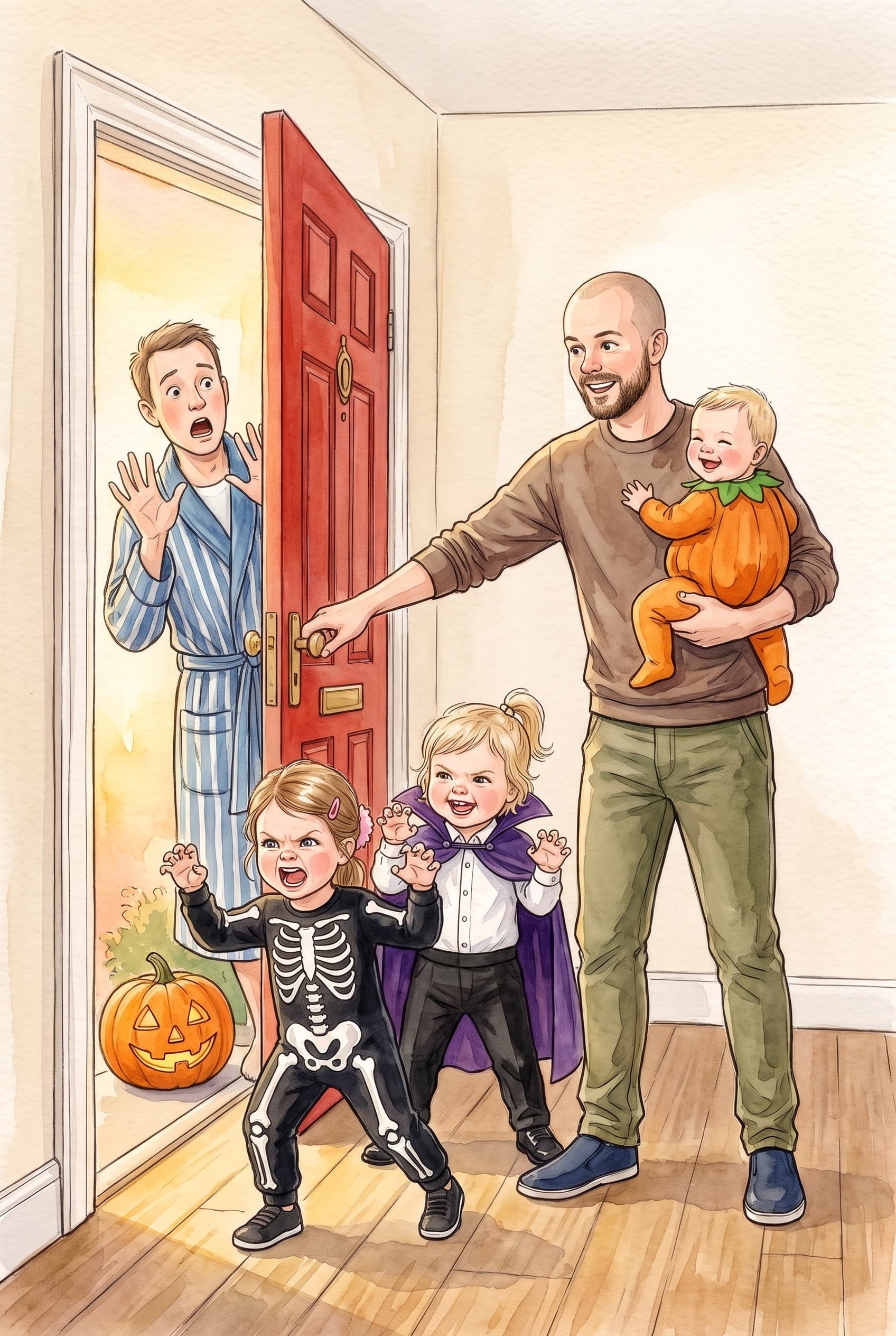 A watercolour storybook page: the two girls roaring at a front door while a startled neighbour throws up his hands, and their dad, holding a baby in a pumpkin suit, laughs