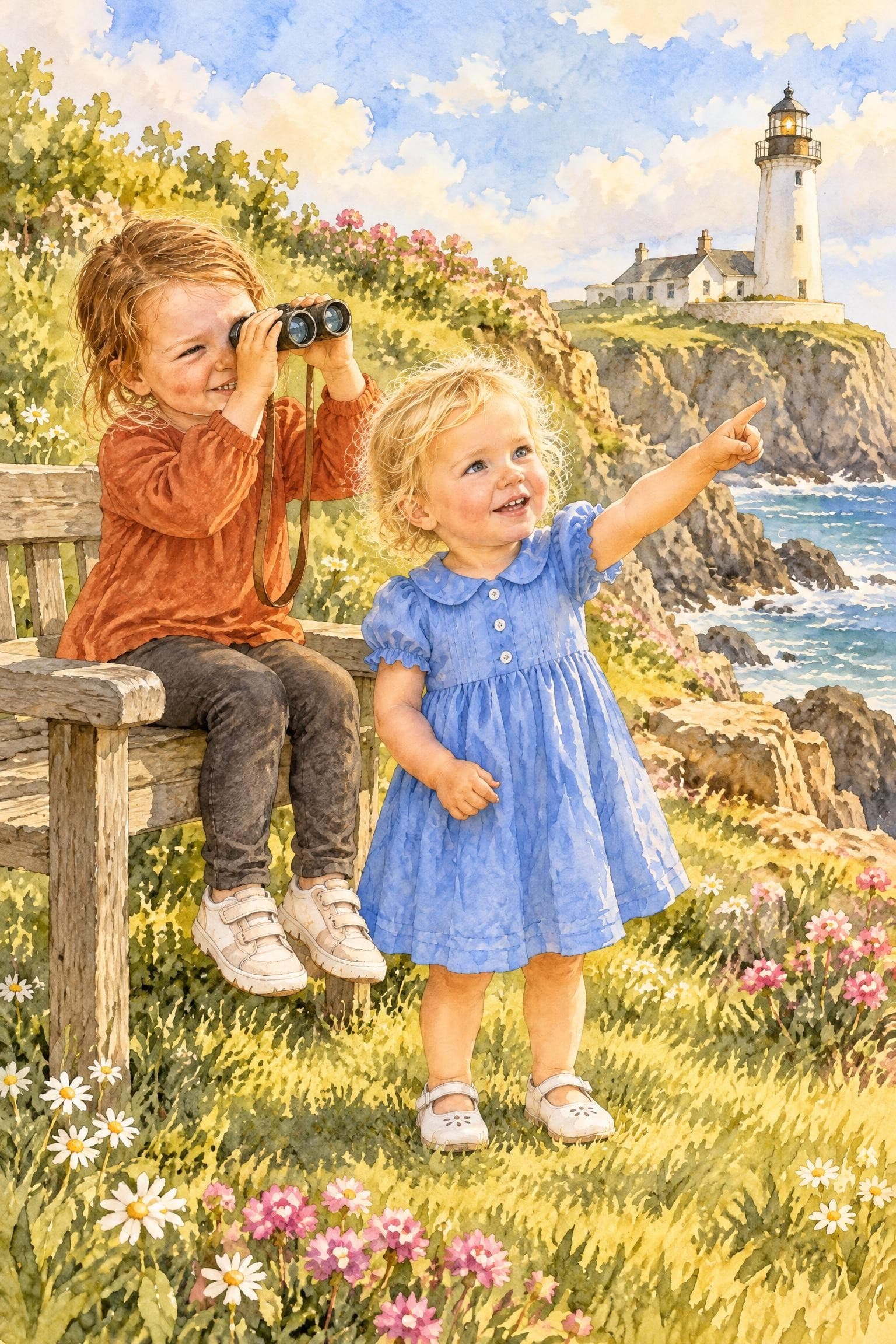 A painted storybook page: two girls on a clifftop, one on a bench looking through binoculars, the other pointing at a white lighthouse
