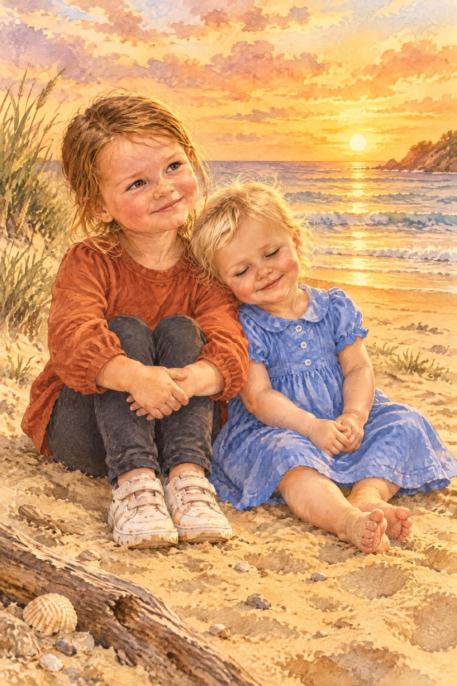 A painted storybook page: two girls sitting on the sand at sunset, the younger one leaning sleepily on her sister
