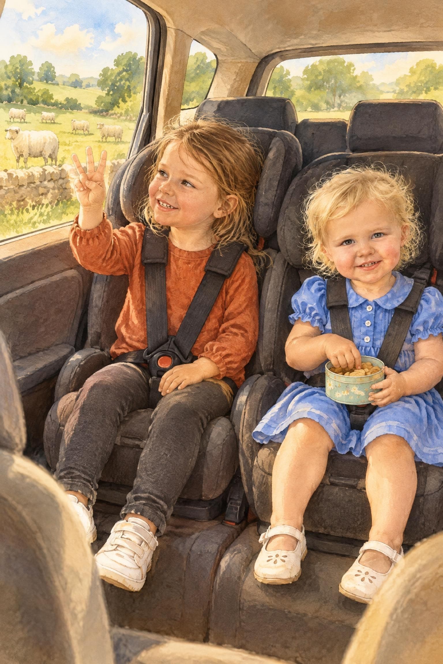 A painted storybook page: two girls in car seats in the back of a car, one waving at sheep in the fields, the other holding a snack tin