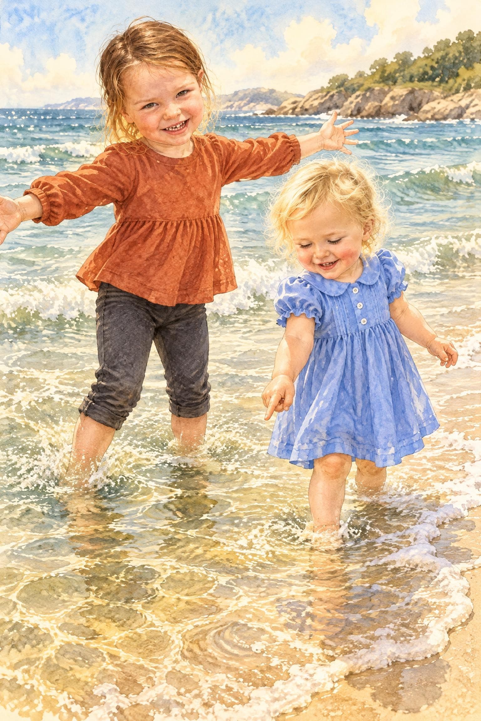 A painted storybook page: a girl standing in the shallow sea with her arms out wide, laughing, her little sister paddling beside her