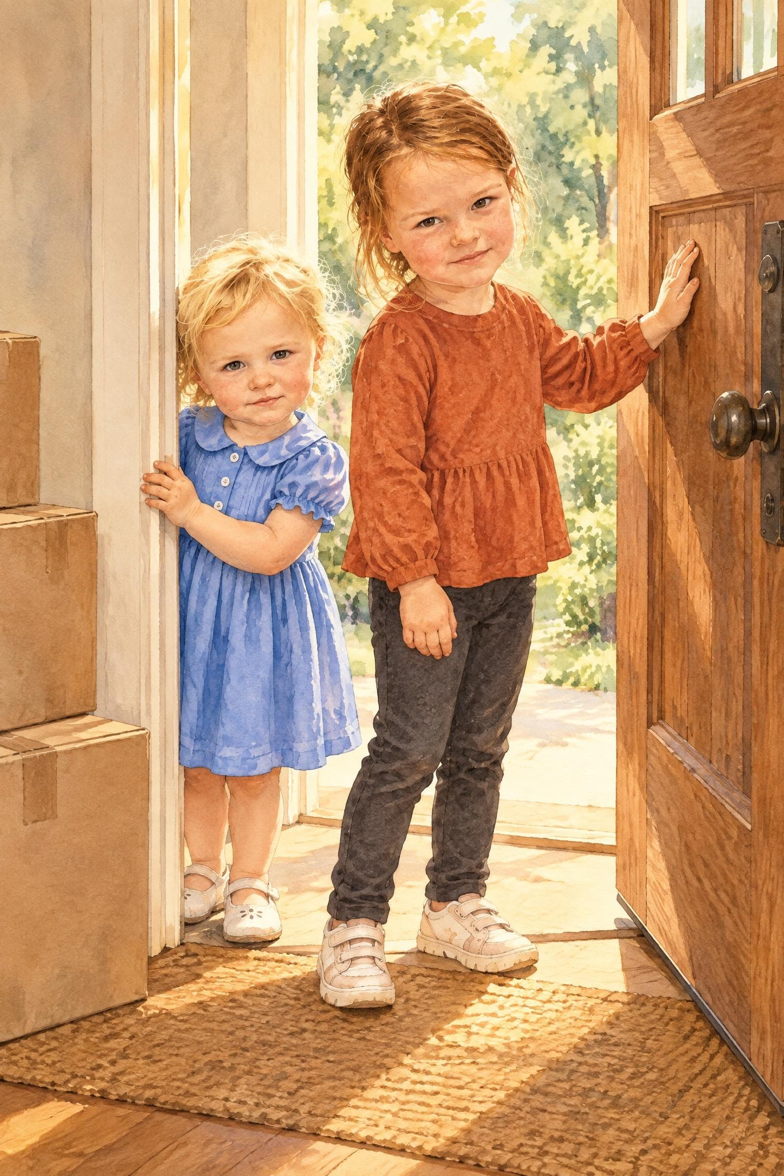 A painted storybook page: two girls at an open front door beside a stack of boxes, one patting the door