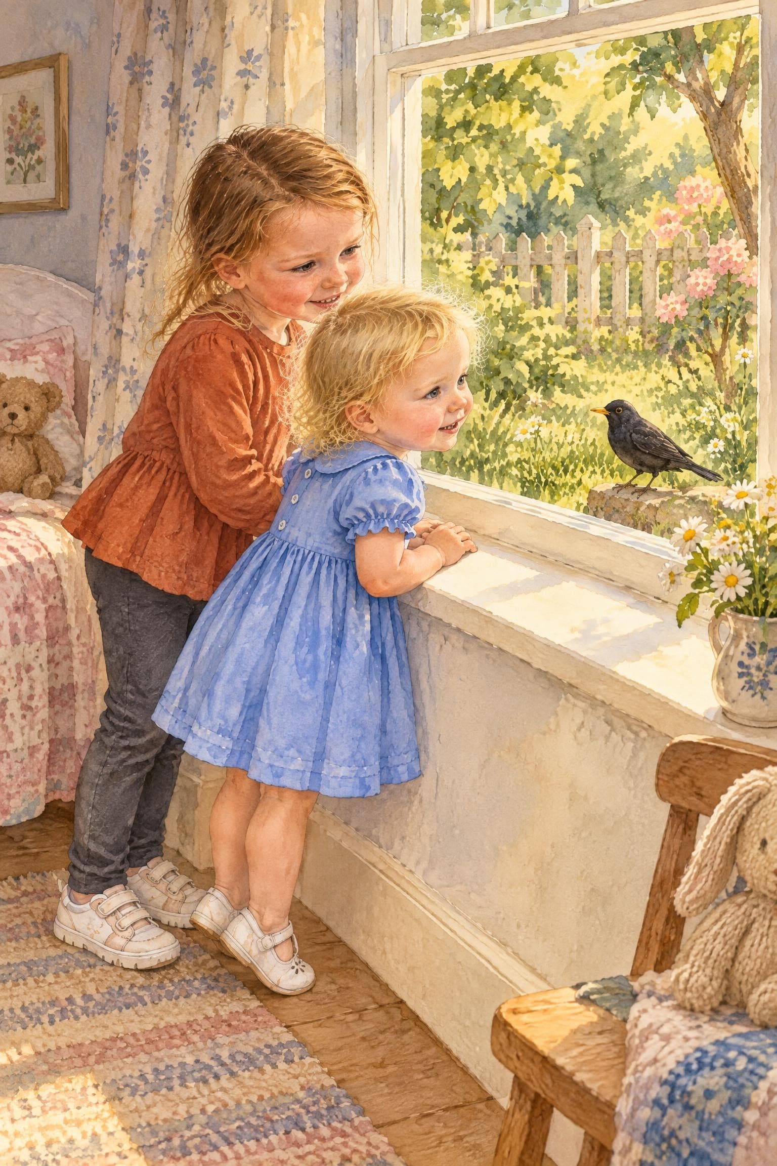 A painted storybook page: two girls at a window in their new room, watching a blackbird in the garden