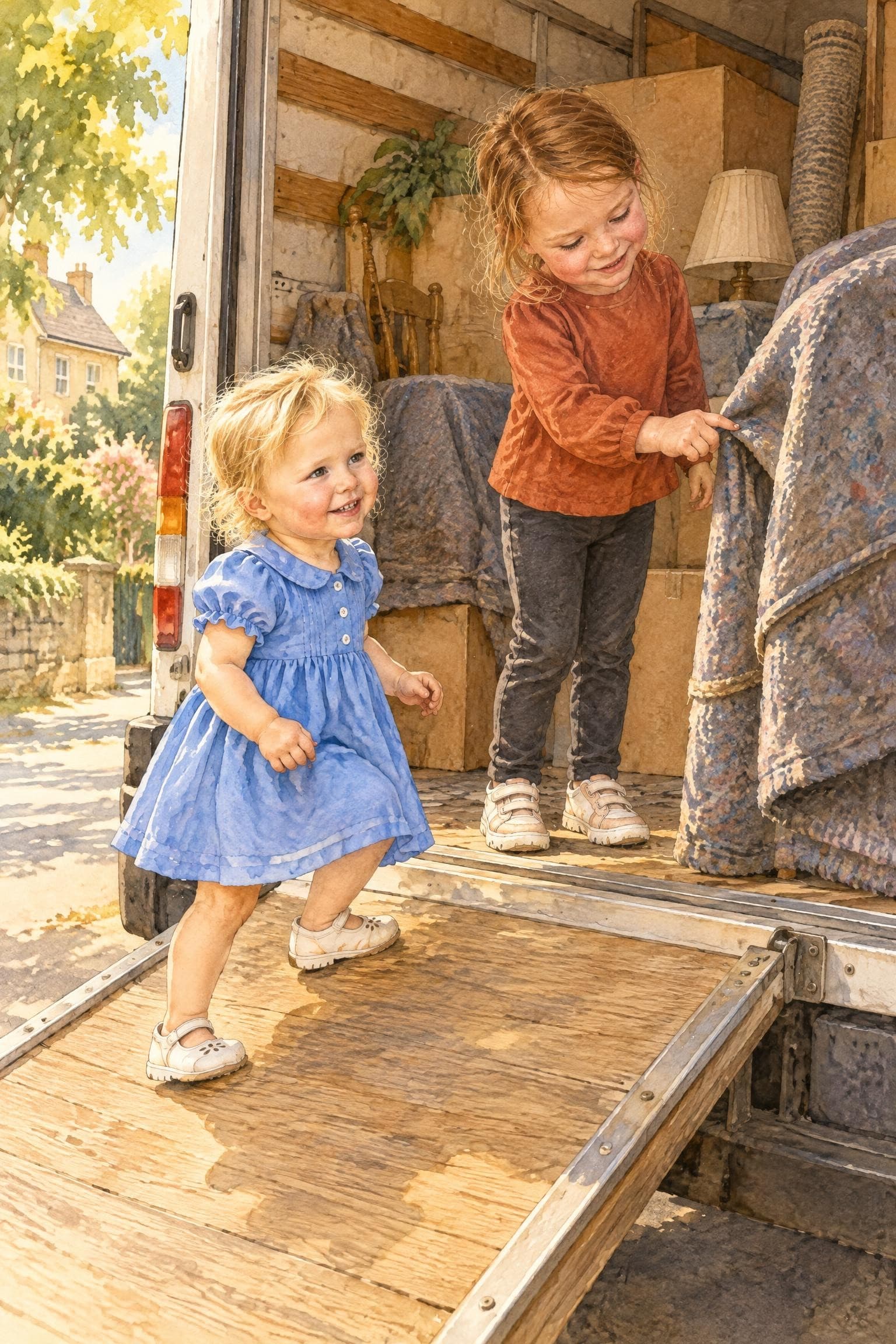 A painted storybook page: two girls climbing the ramp into a removal van full of boxes and wrapped furniture