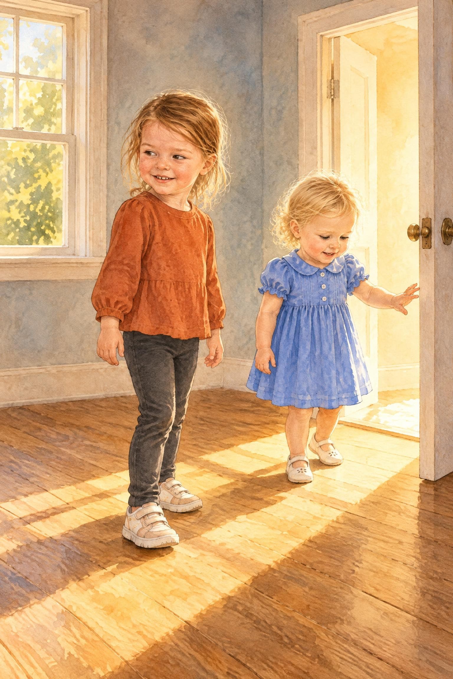 A painted storybook page: two girls standing in a bright, empty new bedroom, a stripe of sunlight across the floor