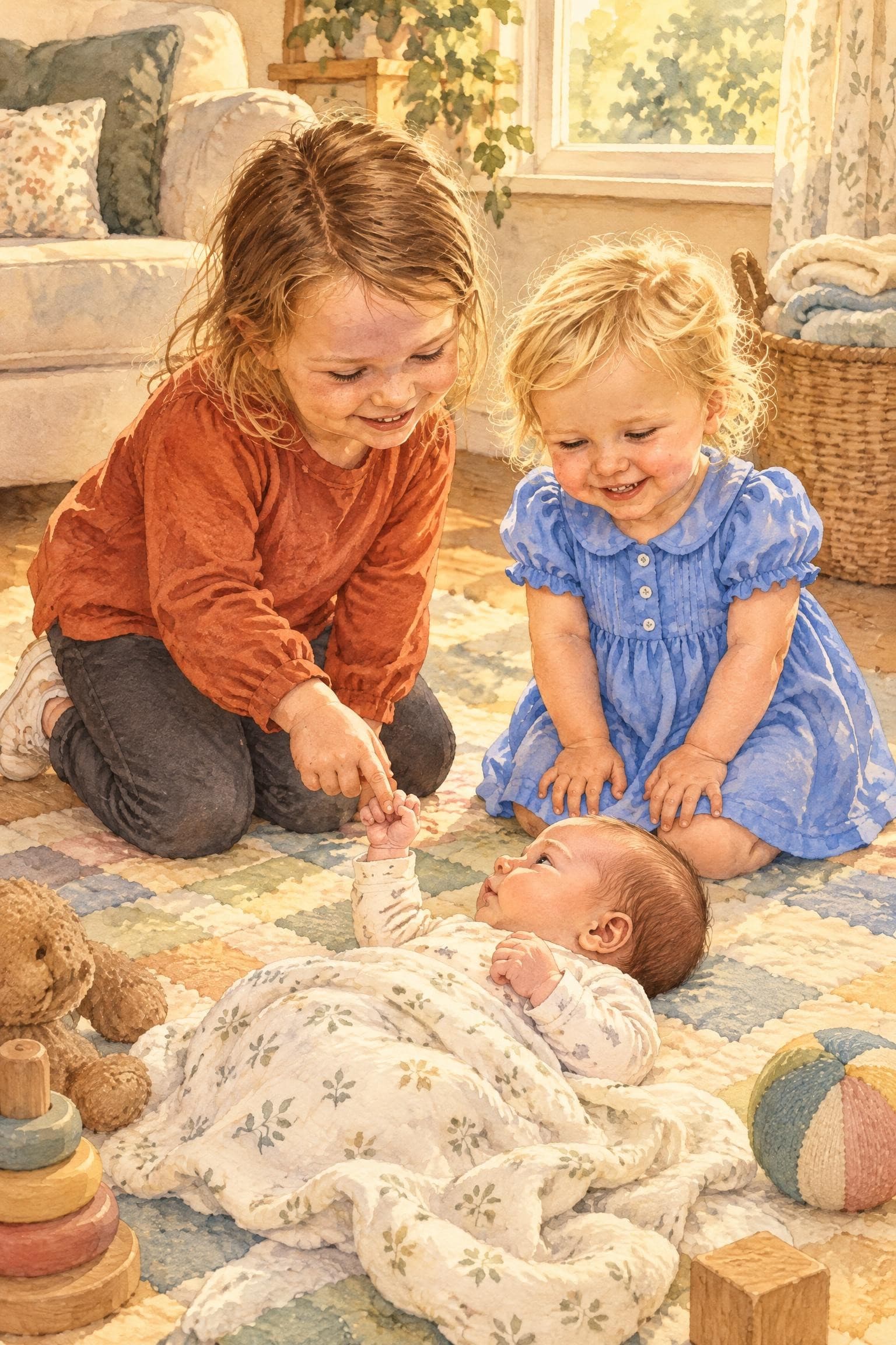 A painted storybook page: two girls kneeling on a play mat, smiling at a newborn baby lying on its back and holding the older girl's finger