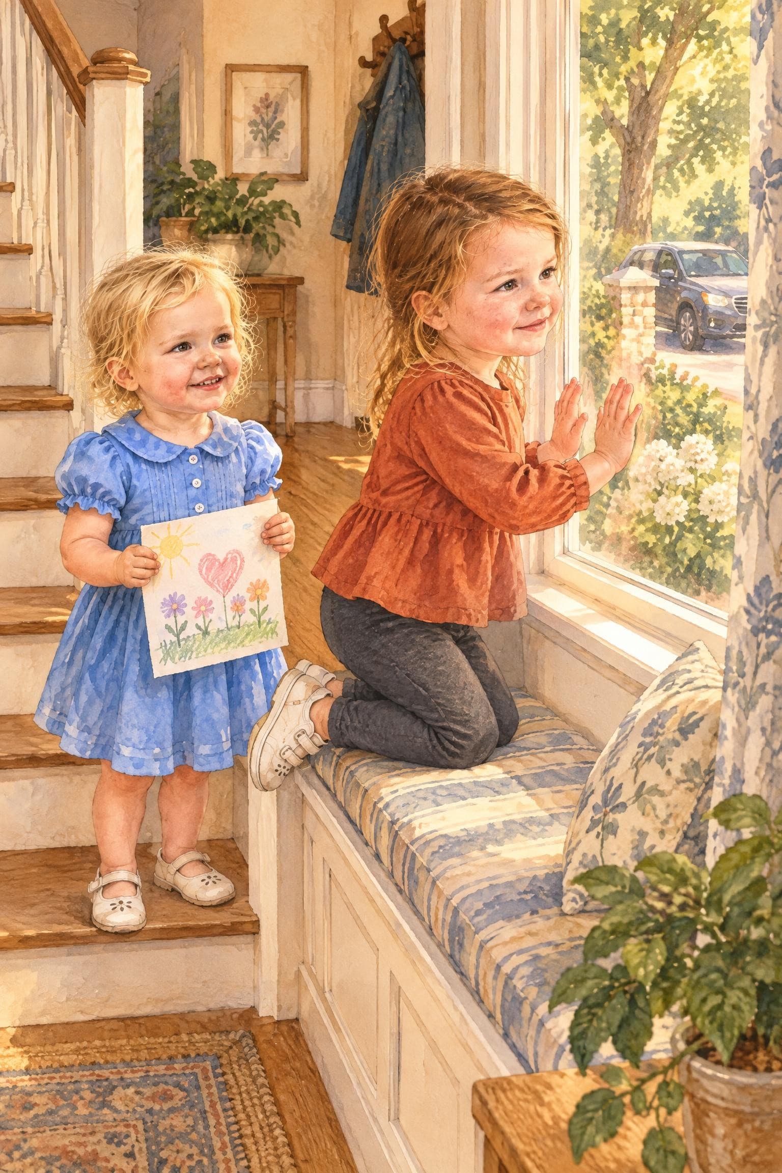 A painted storybook page: a girl kneeling on a window seat with her hands on the glass, her little sister standing on the stairs holding up a drawing
