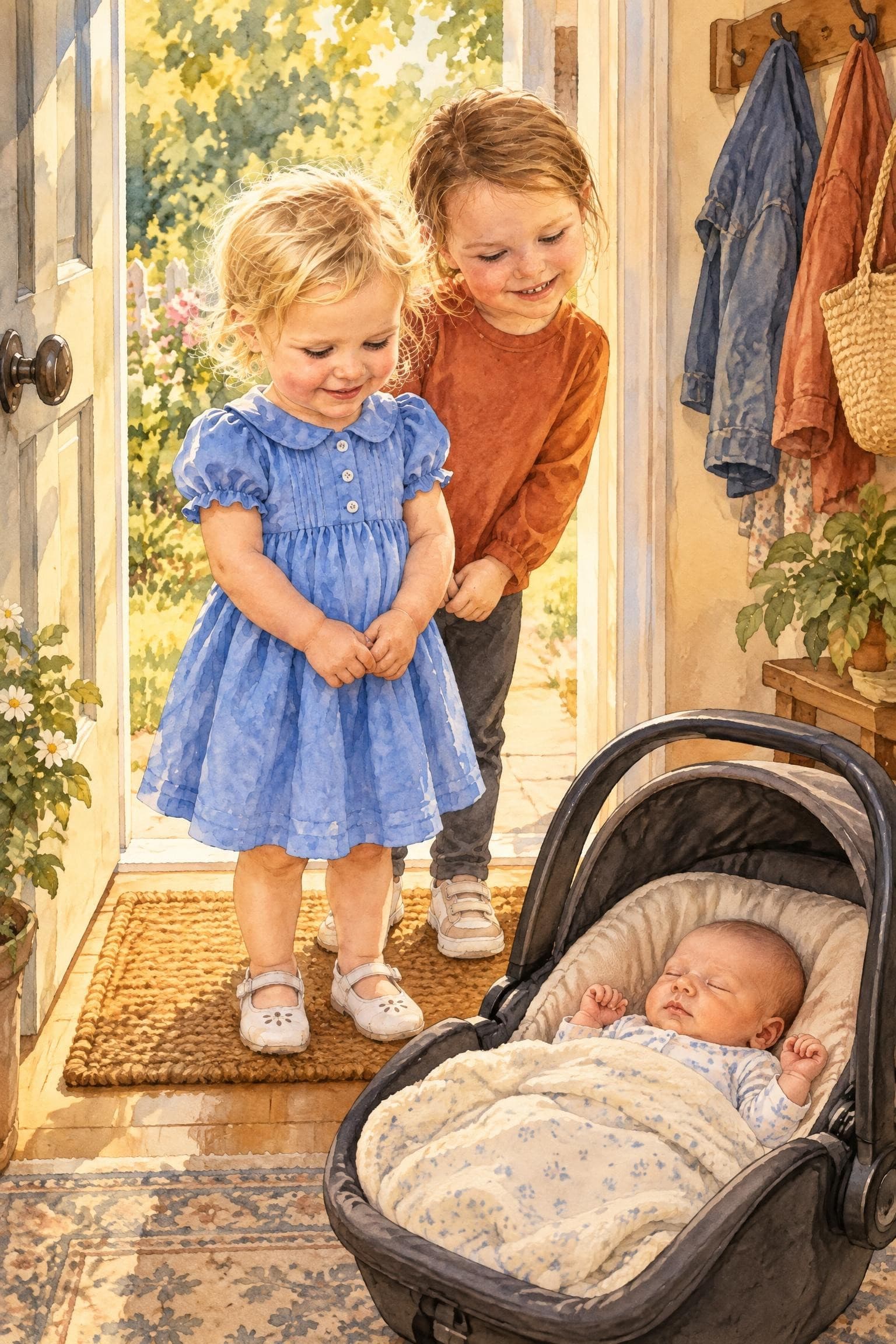 A painted storybook page: two girls just inside an open front door, smiling down at a newborn baby asleep in a car-seat carrier on the hall floor