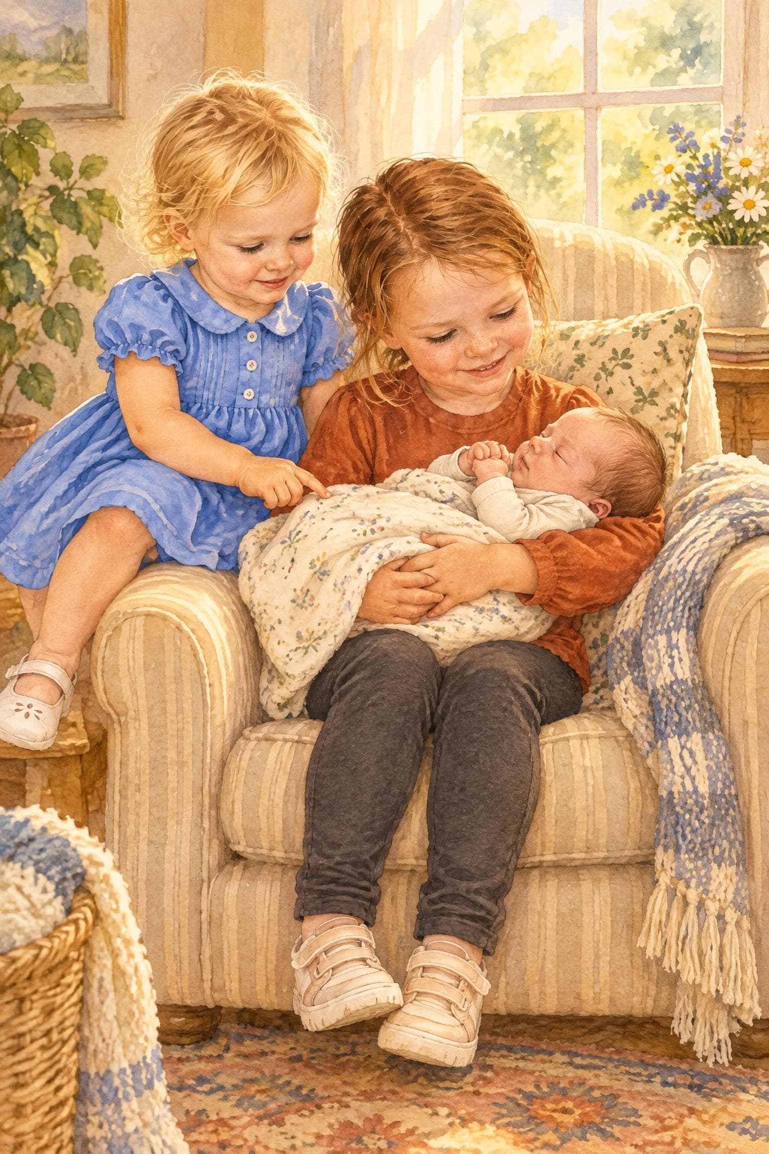A painted storybook page: a girl sitting in a big striped armchair carefully holding a newborn baby, her little sister perched on the arm of the chair