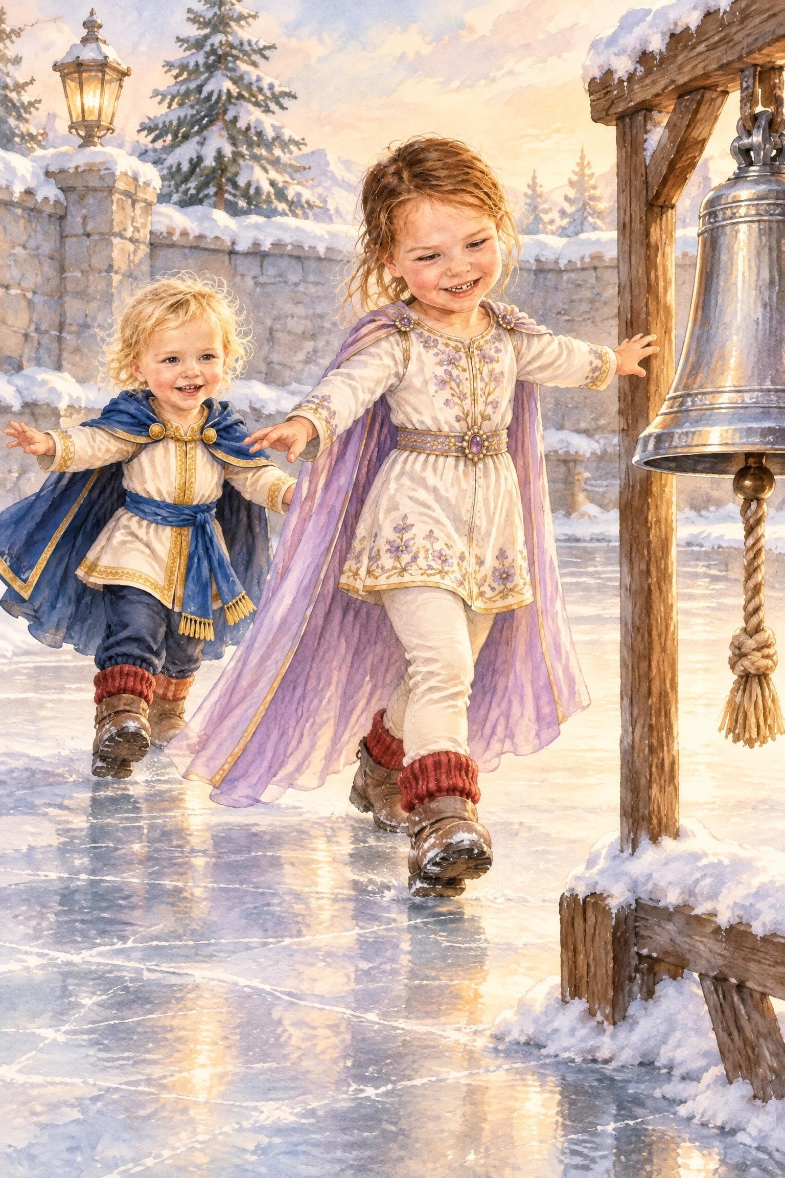 A painted storybook page: two girls with red woolly socks over their boots walking steadily across the ice towards a silver bell