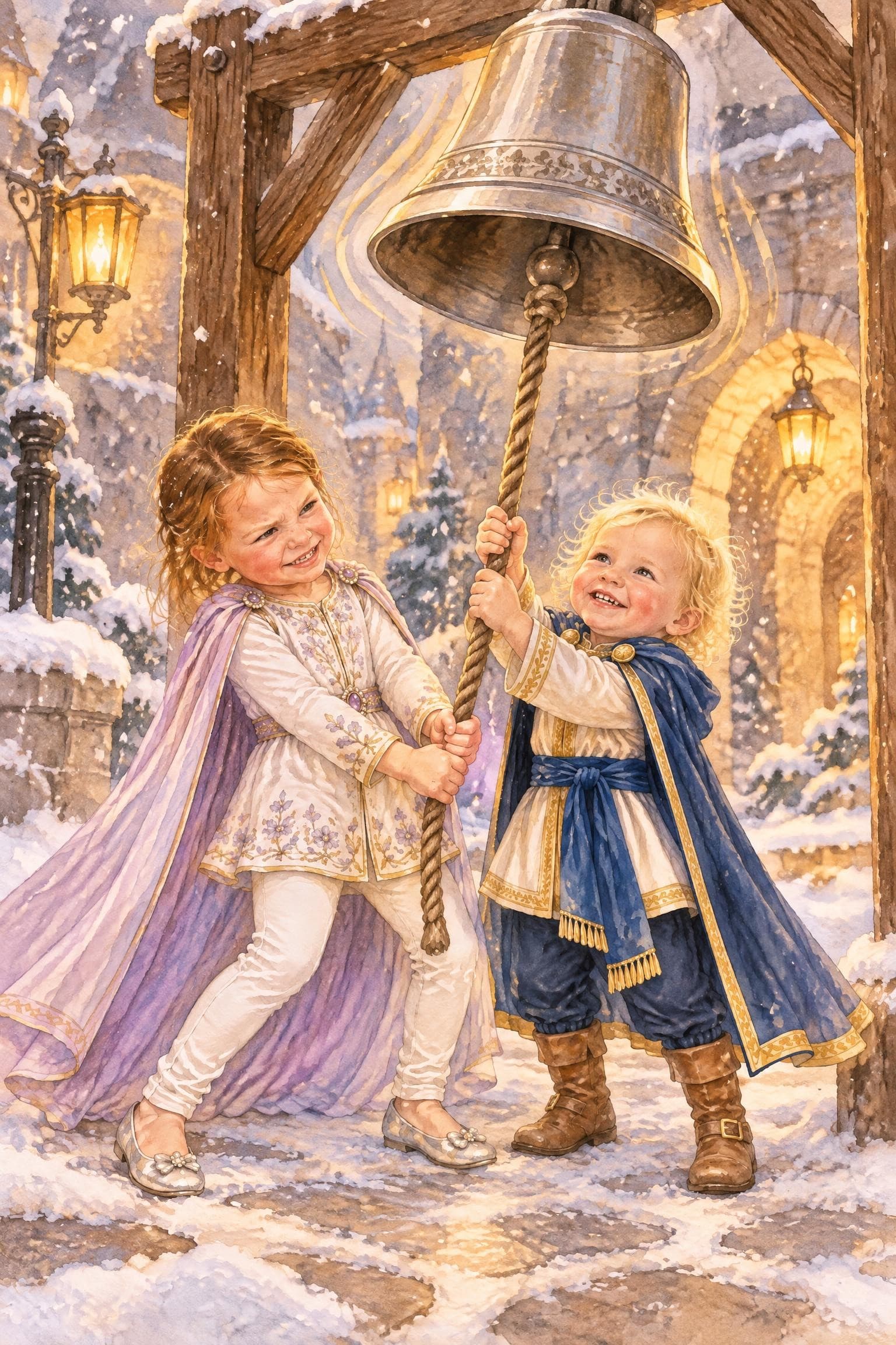 A painted storybook page: two girls pulling the rope of a big silver bell in a snowy courtyard, lanterns glowing around them