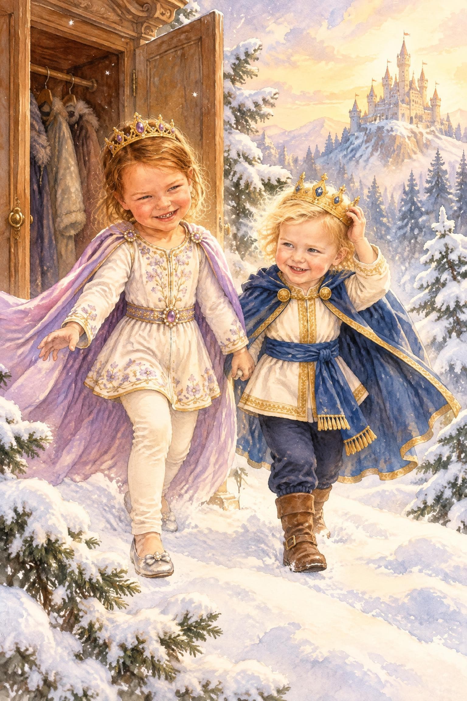 A painted storybook page: two girls in crowns and long cloaks stepping out of a wardrobe into deep snow, a castle far off on the hills