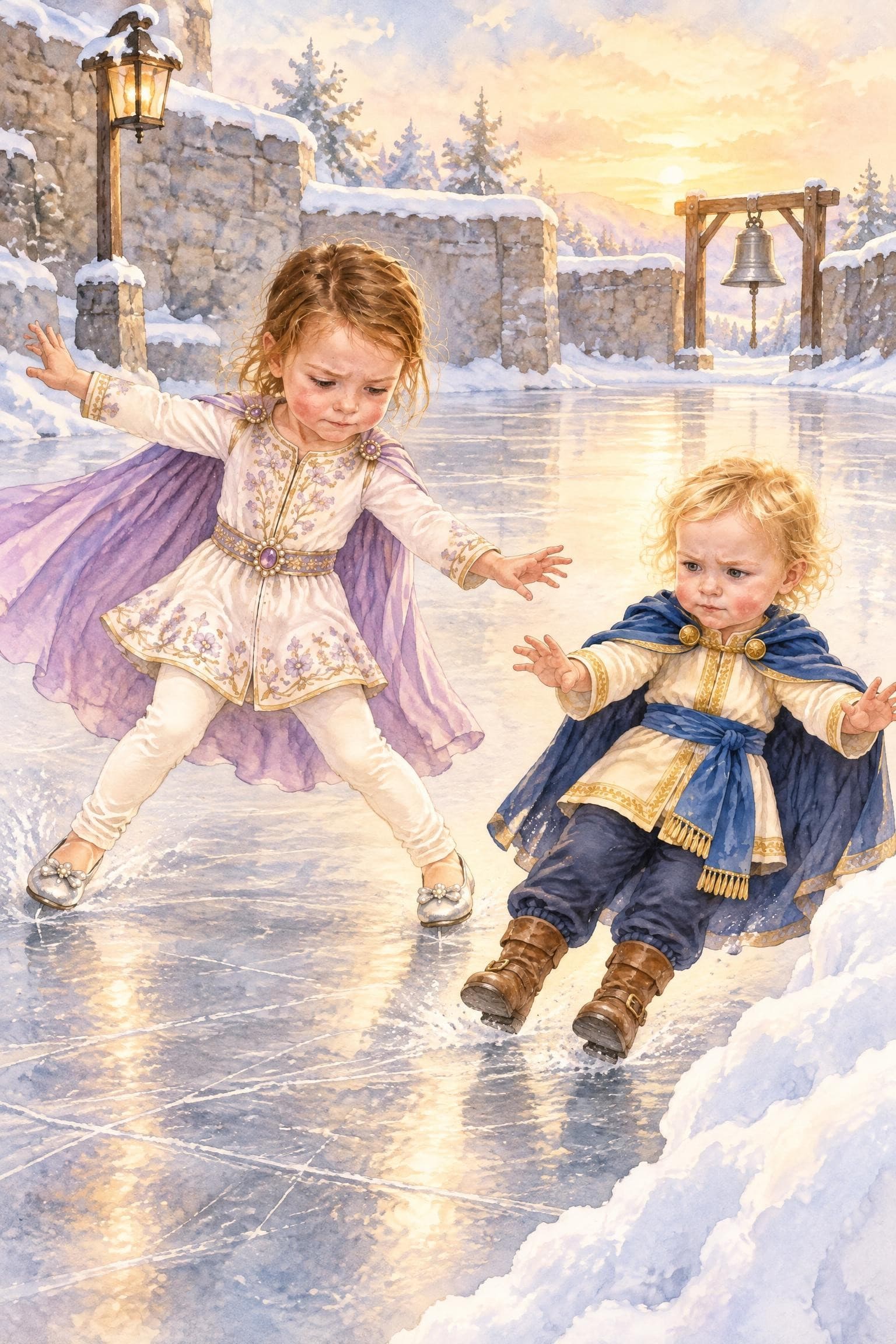 A painted storybook page: two girls in cloaks slipping and sliding on an icy courtyard, a silver bell far behind them