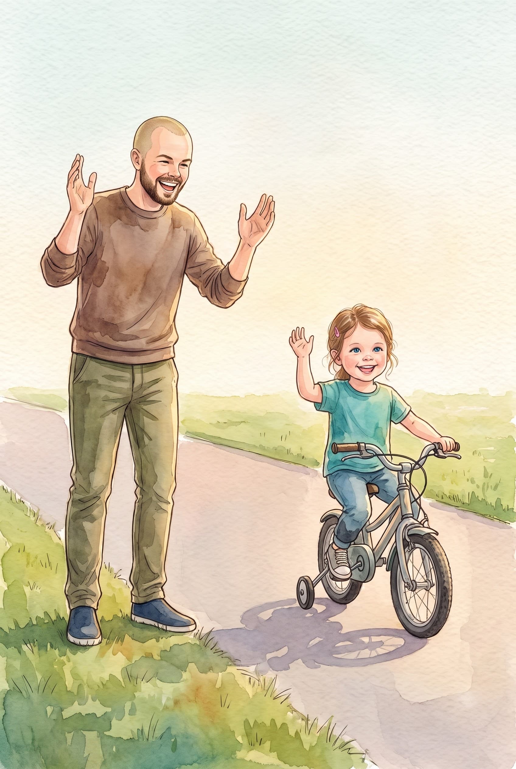 A watercolour storybook page: a dad cheering with both arms up as a girl on a bike with stabilisers rides past, waving