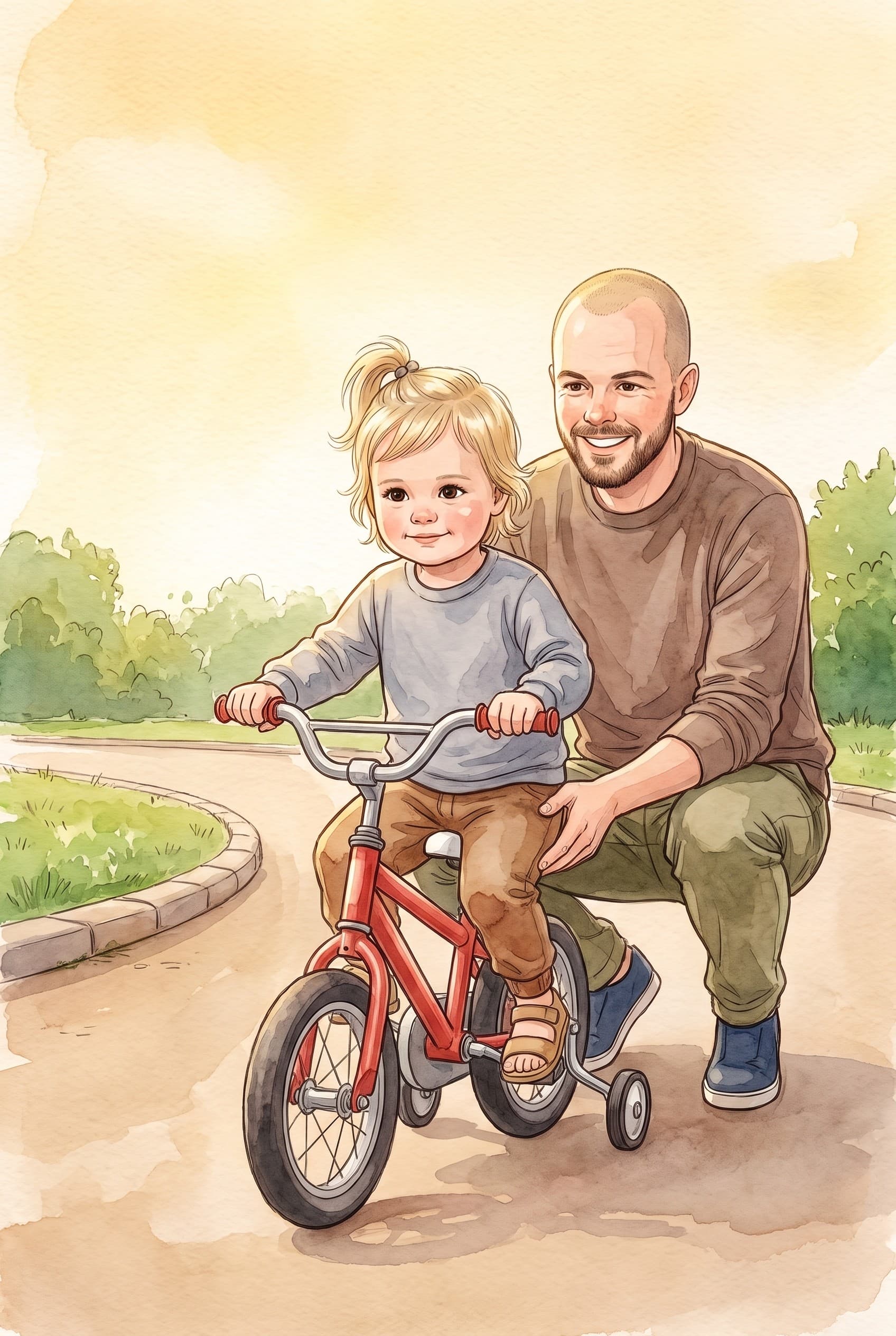A watercolour storybook page: a dad crouching to steady a little girl on a red bike with stabilisers on a park path