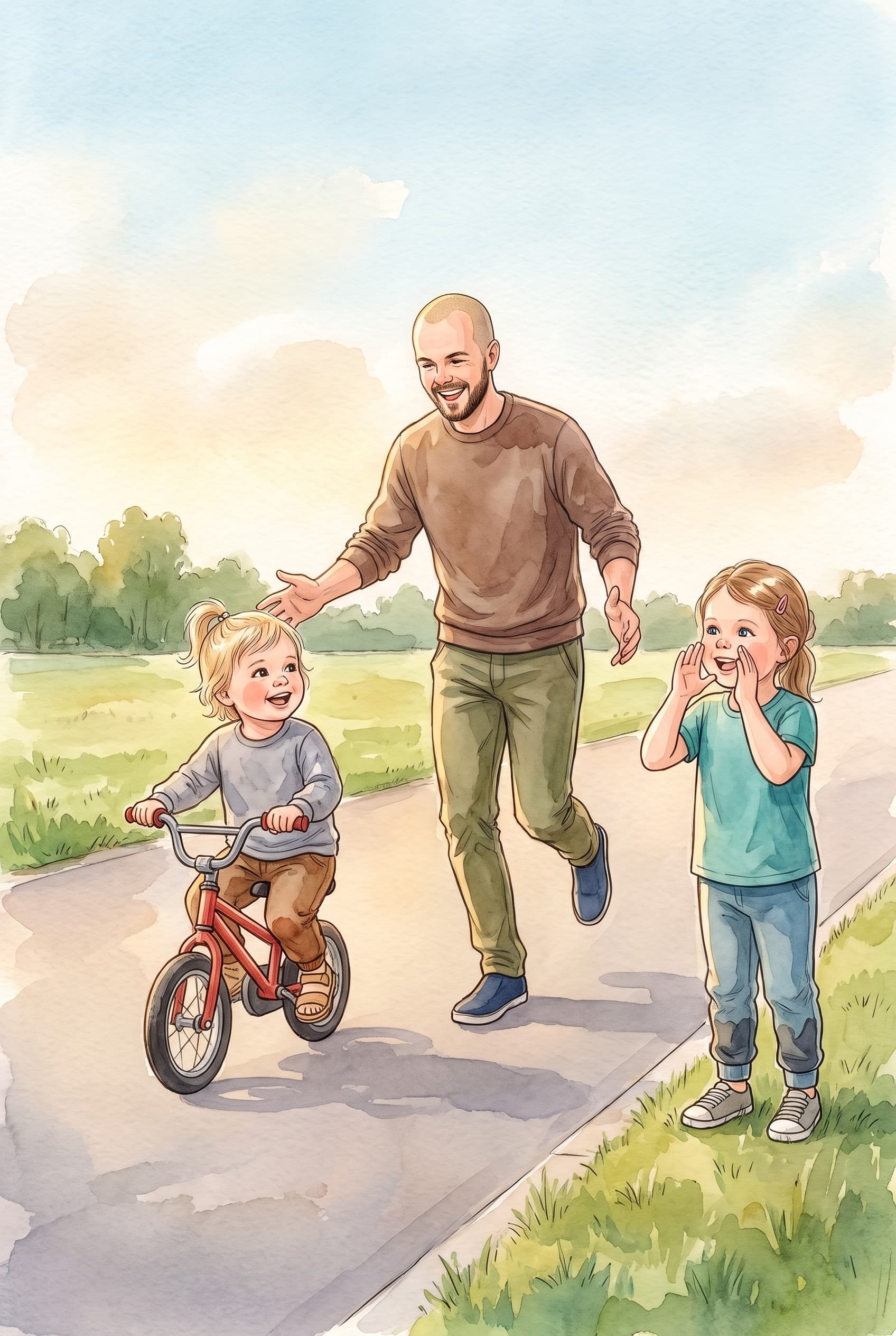 A watercolour storybook page: a little girl pedalling a red bike along a path, a dad running beside her and her big sister cheering