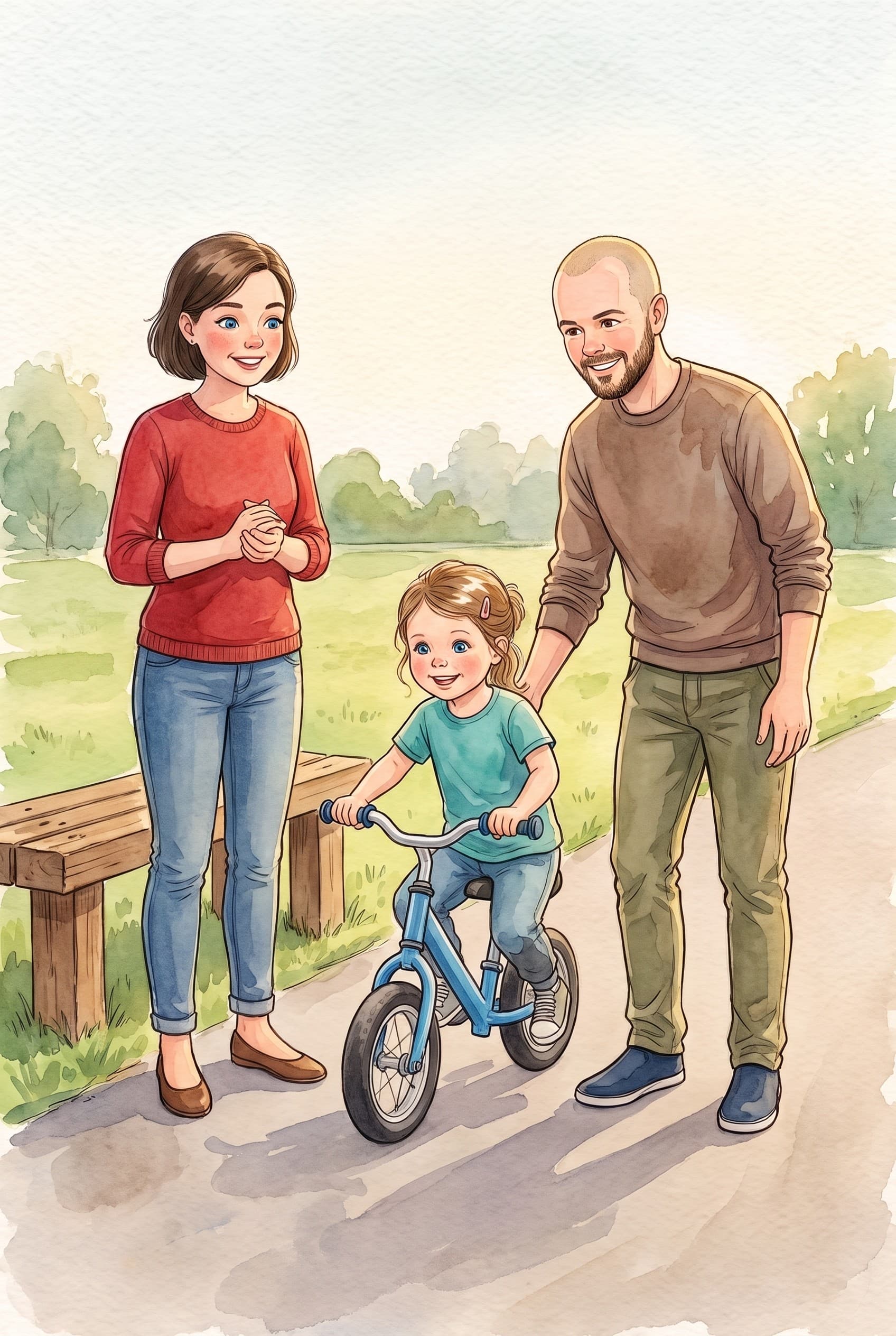 A watercolour storybook page: a girl on a blue bike on a park path between two smiling grown-ups, a wooden bench behind