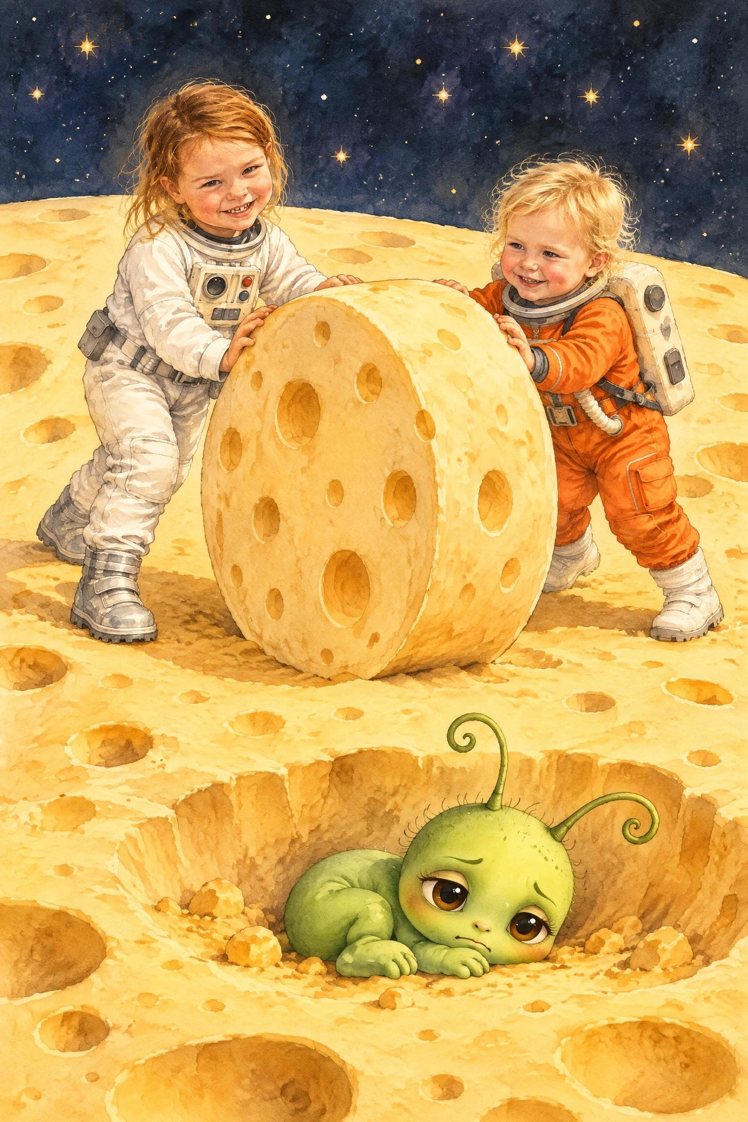 A painted storybook page: two girls in space suits rolling a huge wheel of cheese across the moon, a poorly green alien curled up in a crater ahead