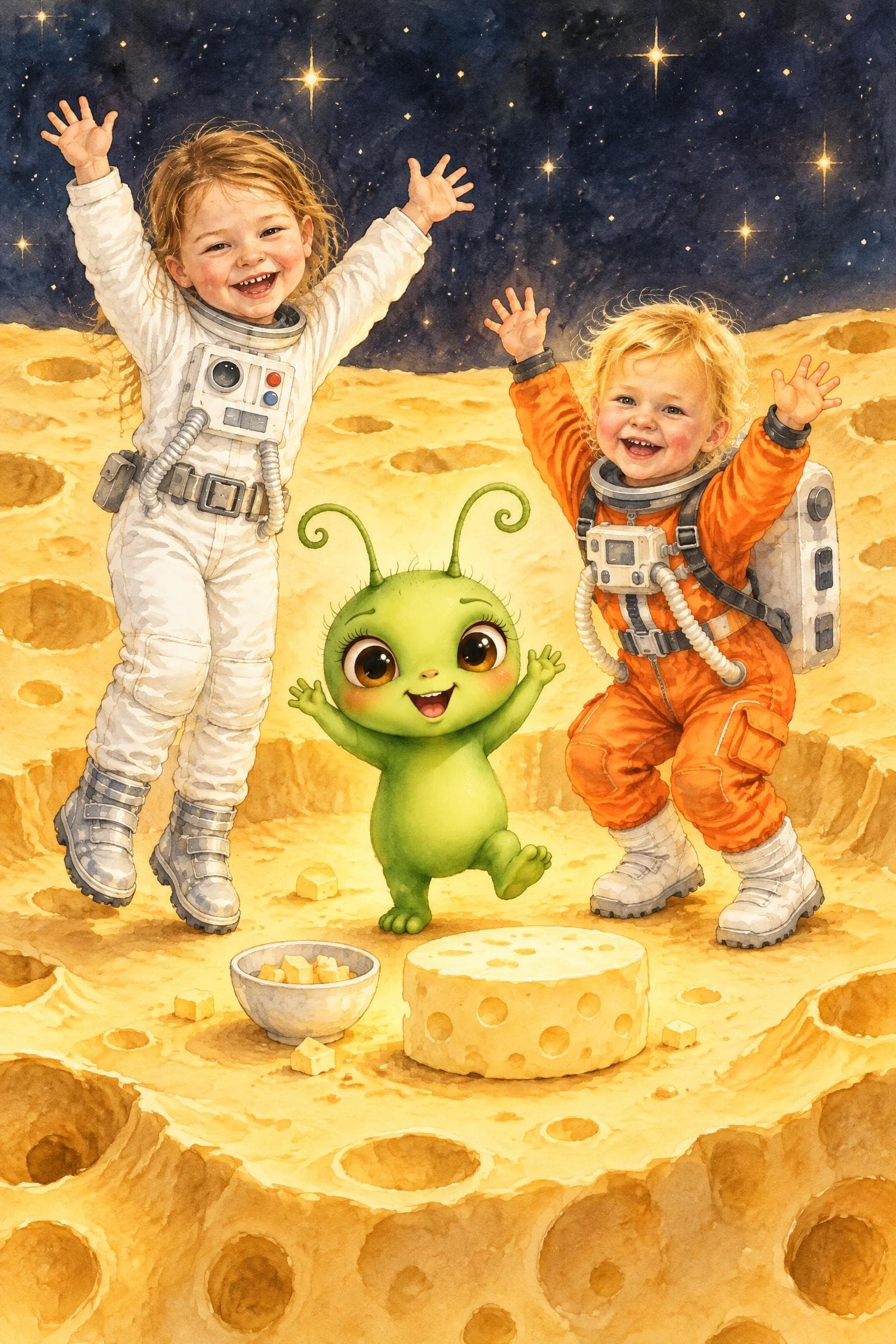 A painted storybook page: two girls in space suits jumping for joy beside a small, smiling green alien on a golden cheese moon
