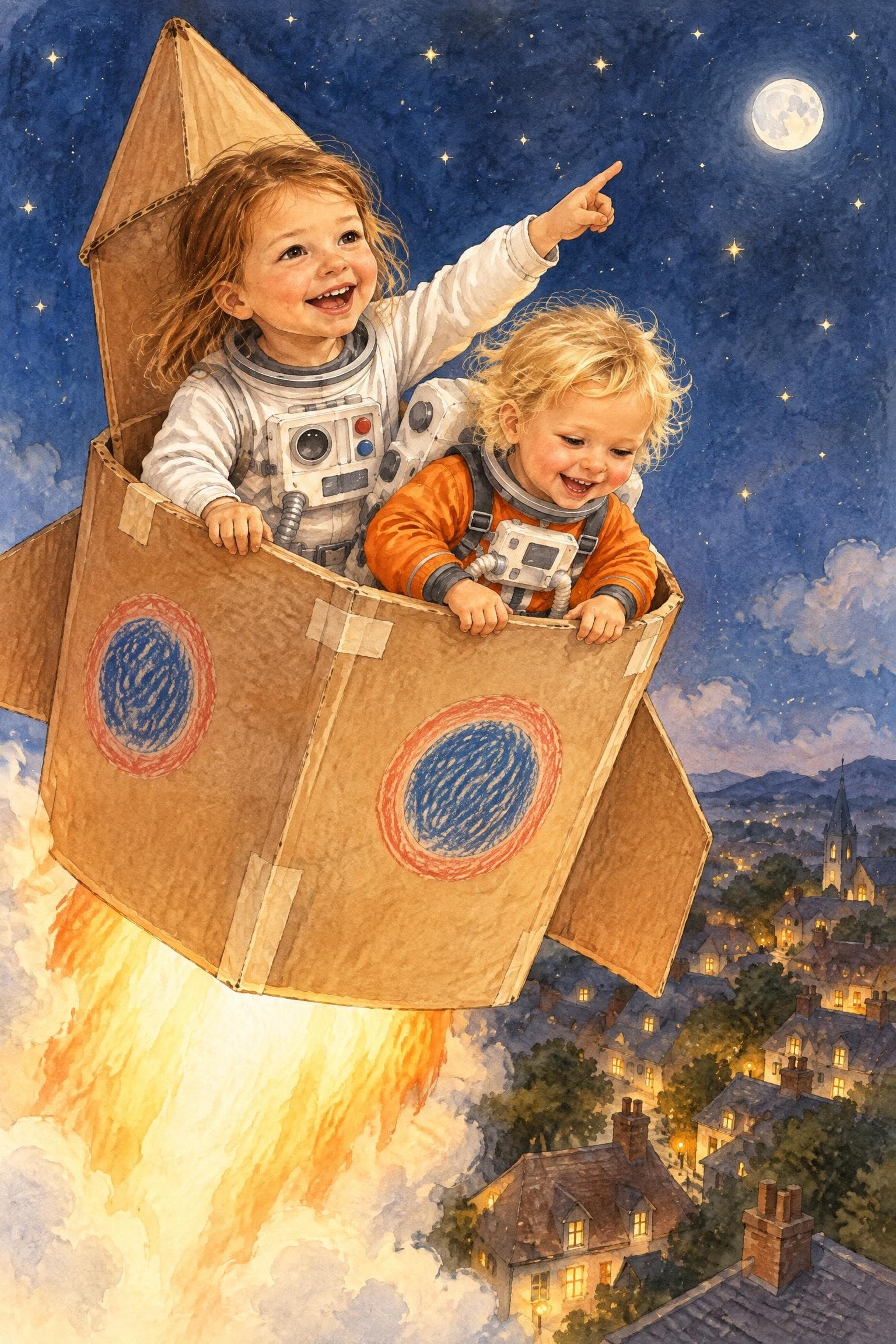 A painted storybook page: two girls in space suits flying a cardboard rocket over moonlit rooftops