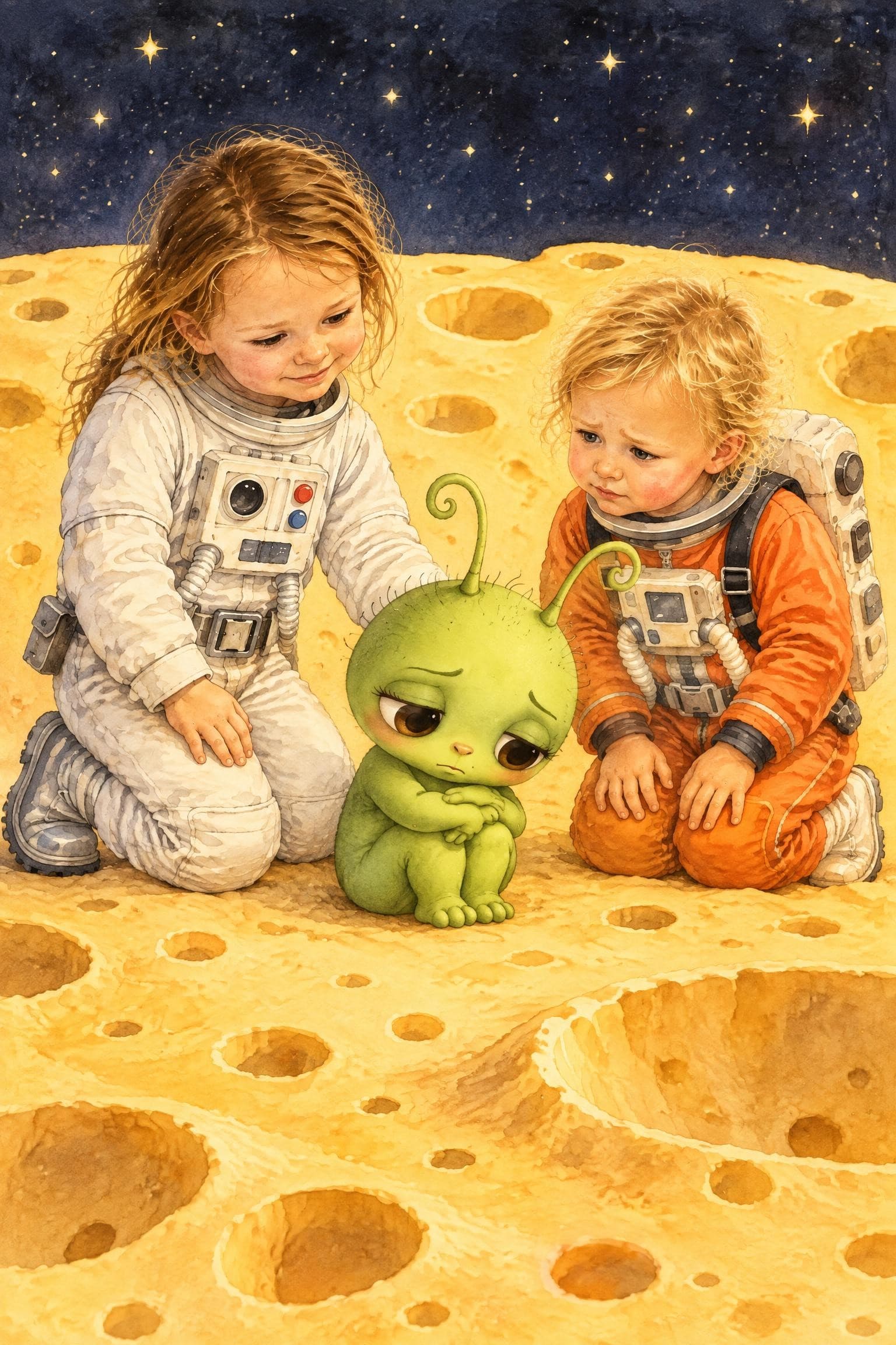 A painted storybook page: two girls in space suits kneeling beside a sad little green alien on a golden cheese moon