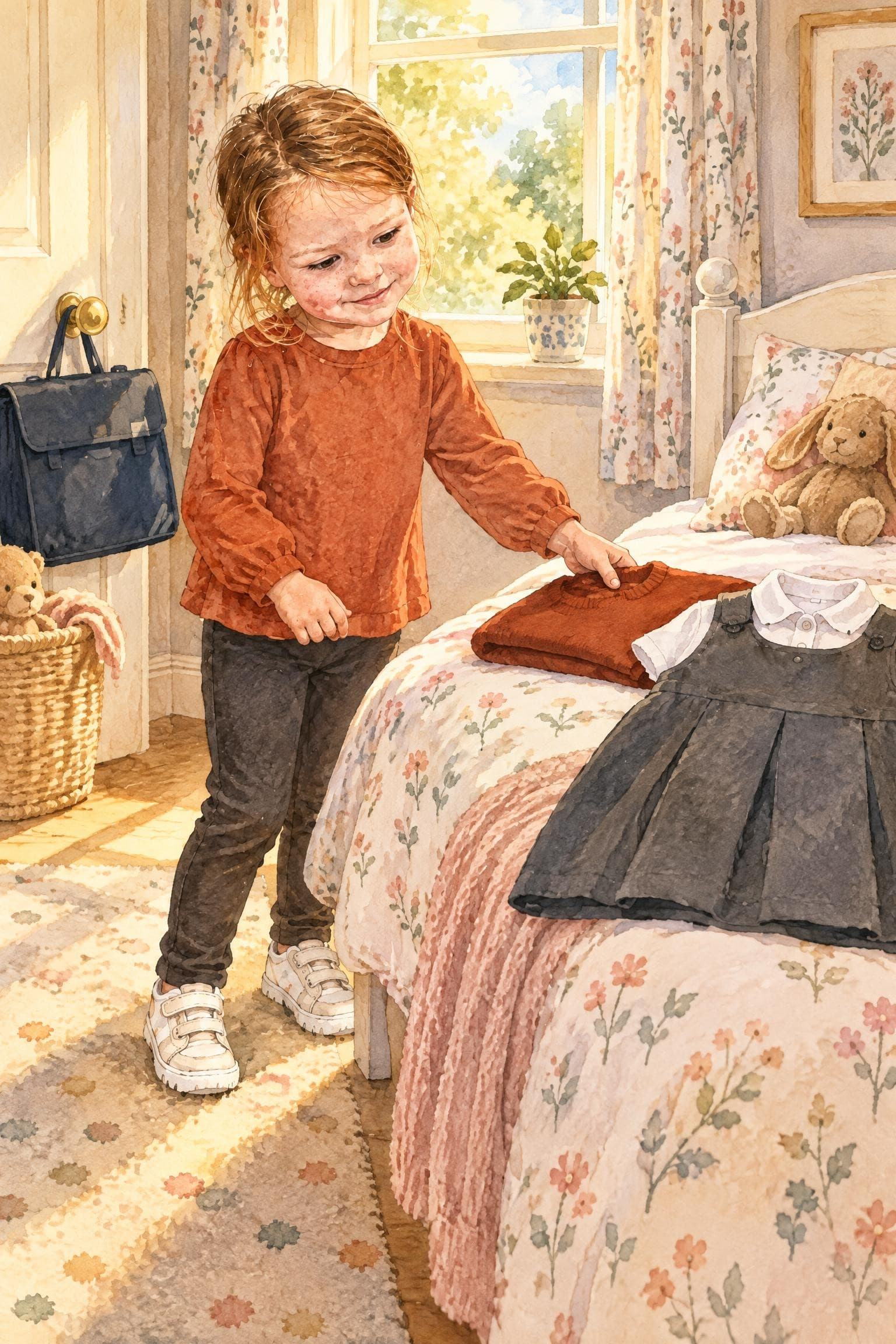 A painted storybook page: a girl in everyday clothes beside her bed, a grey school pinafore and white shirt laid out on it, a book bag by the door