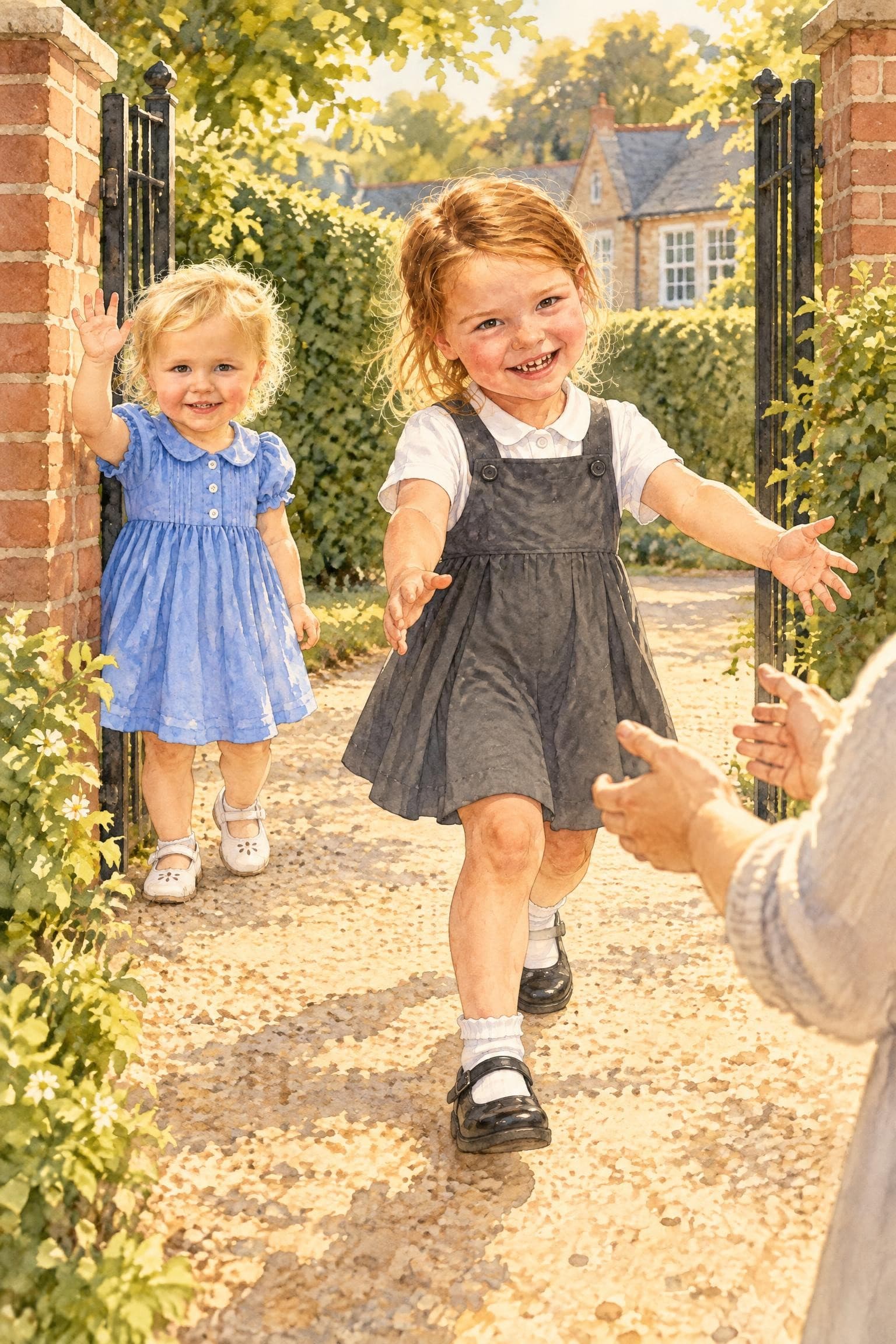 A painted storybook page: a girl in a school pinafore running out of the school gate towards open arms, her little sister waving behind her