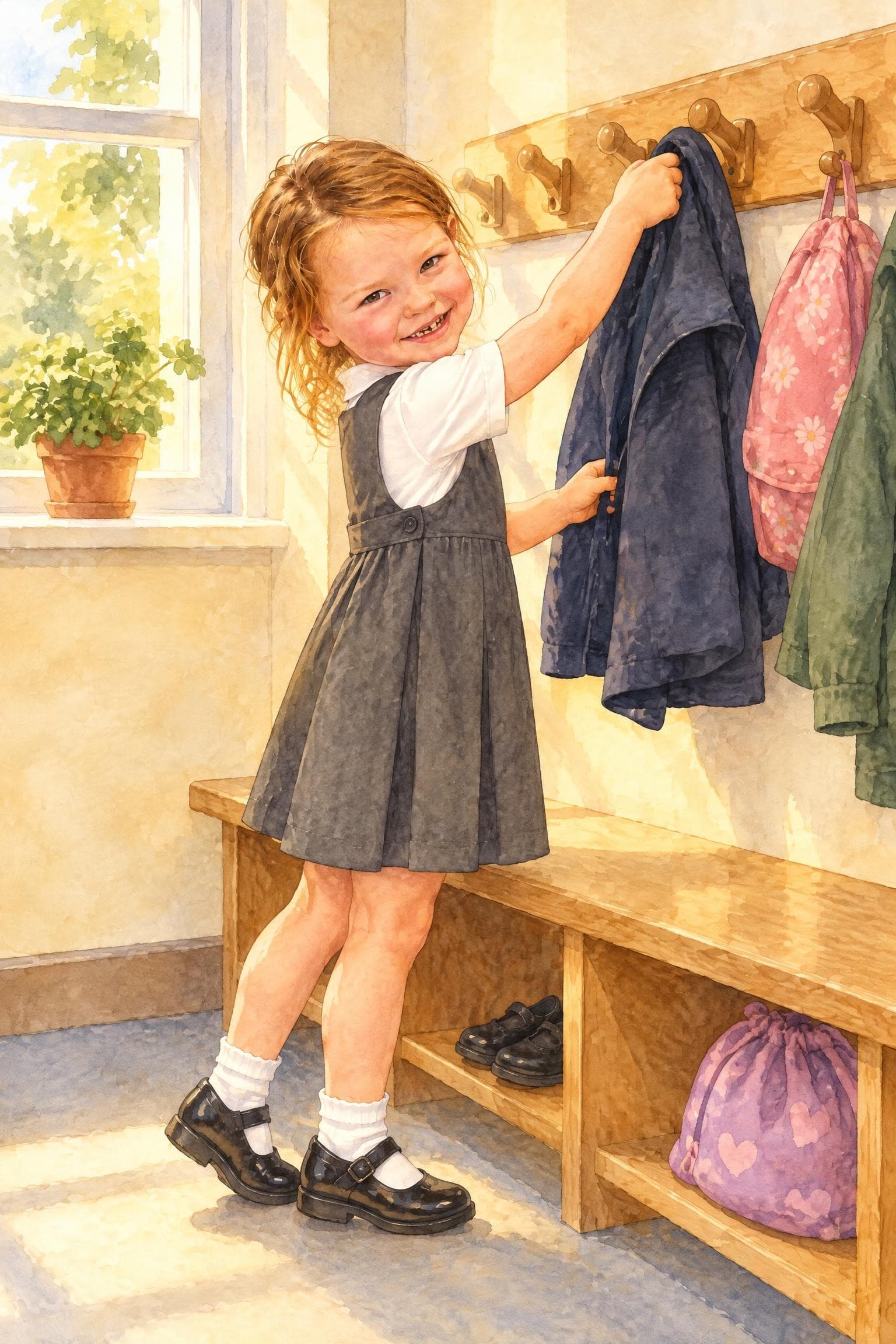 A painted storybook page: a girl in a grey school pinafore hanging her coat on a peg in a sunny cloakroom, smiling