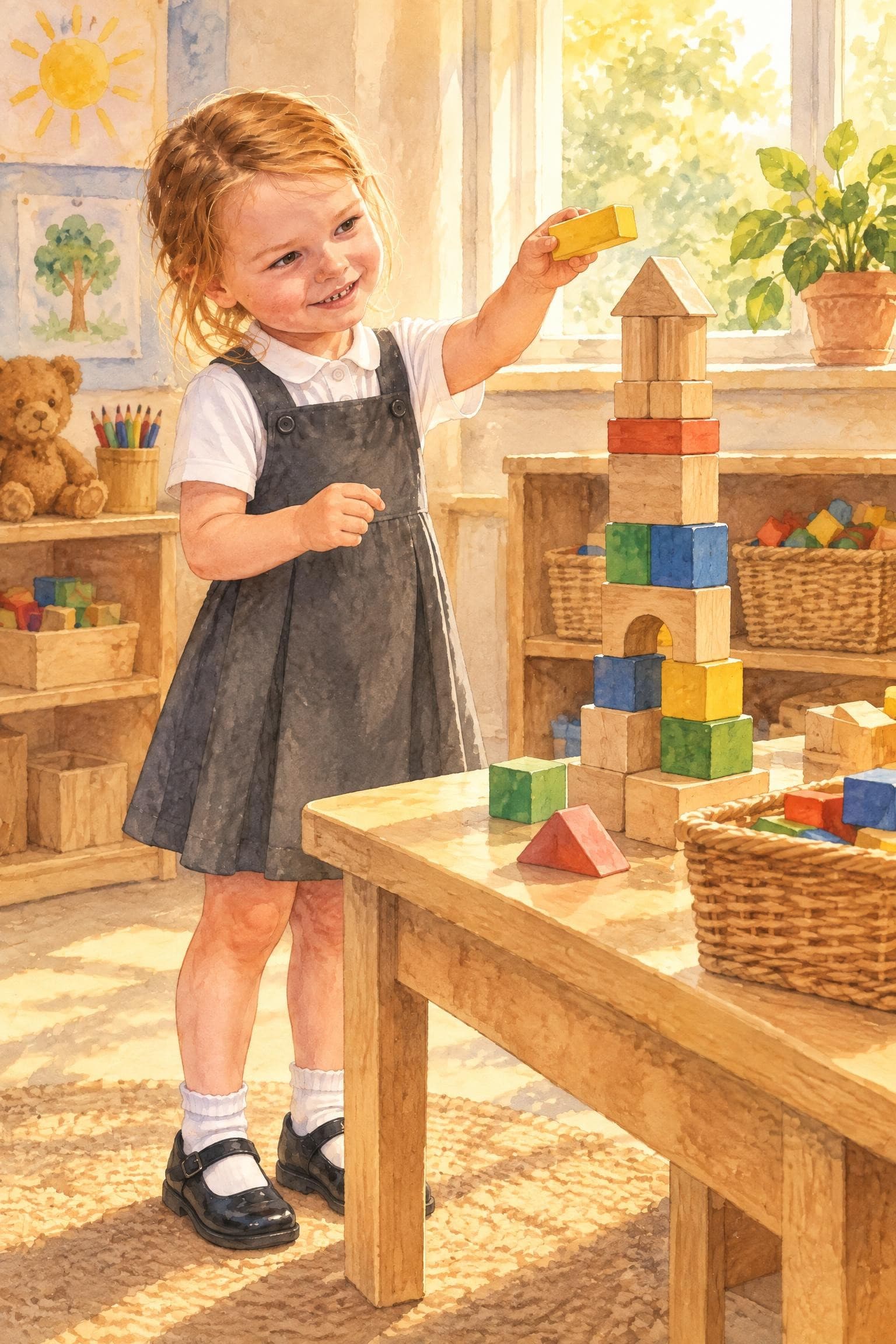 A painted storybook page: a girl in a school pinafore holding up a yellow block beside a tall tower of wooden blocks