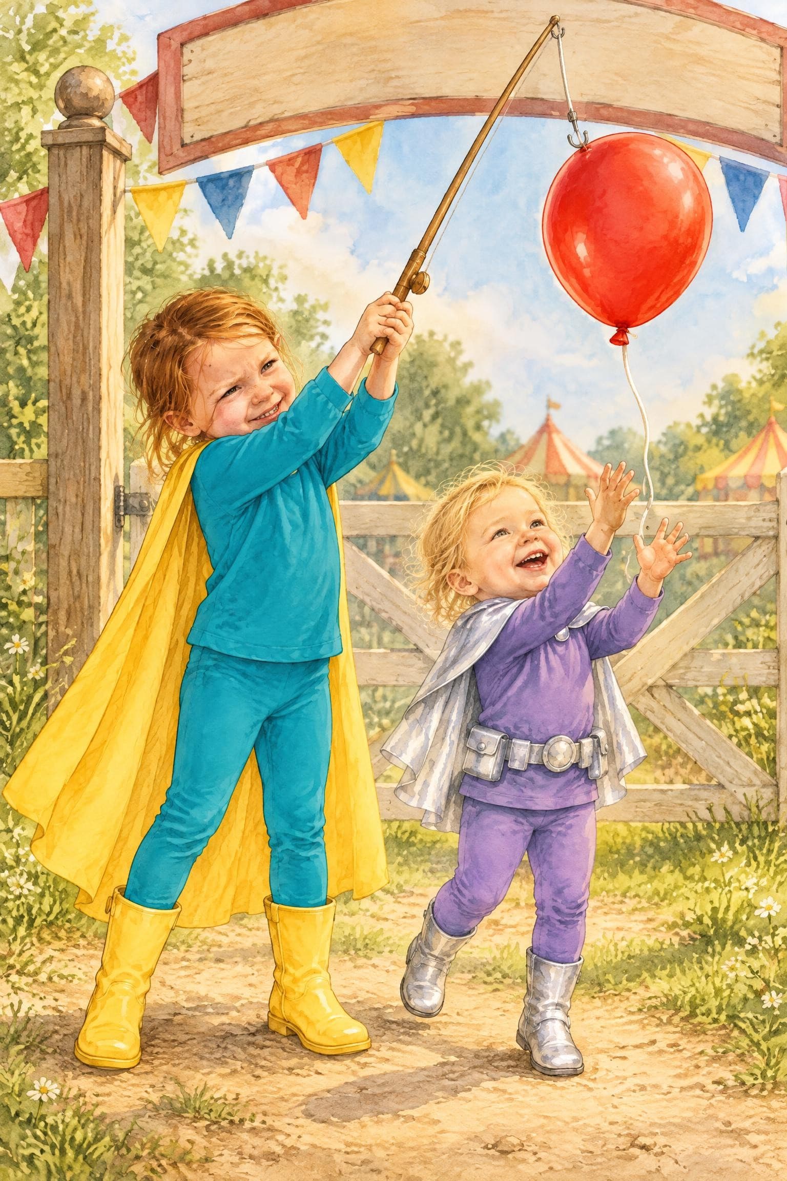 A painted storybook page: a girl in a yellow cape reaching up with a toy fishing rod to hook the string of a red balloon, her sister beside her