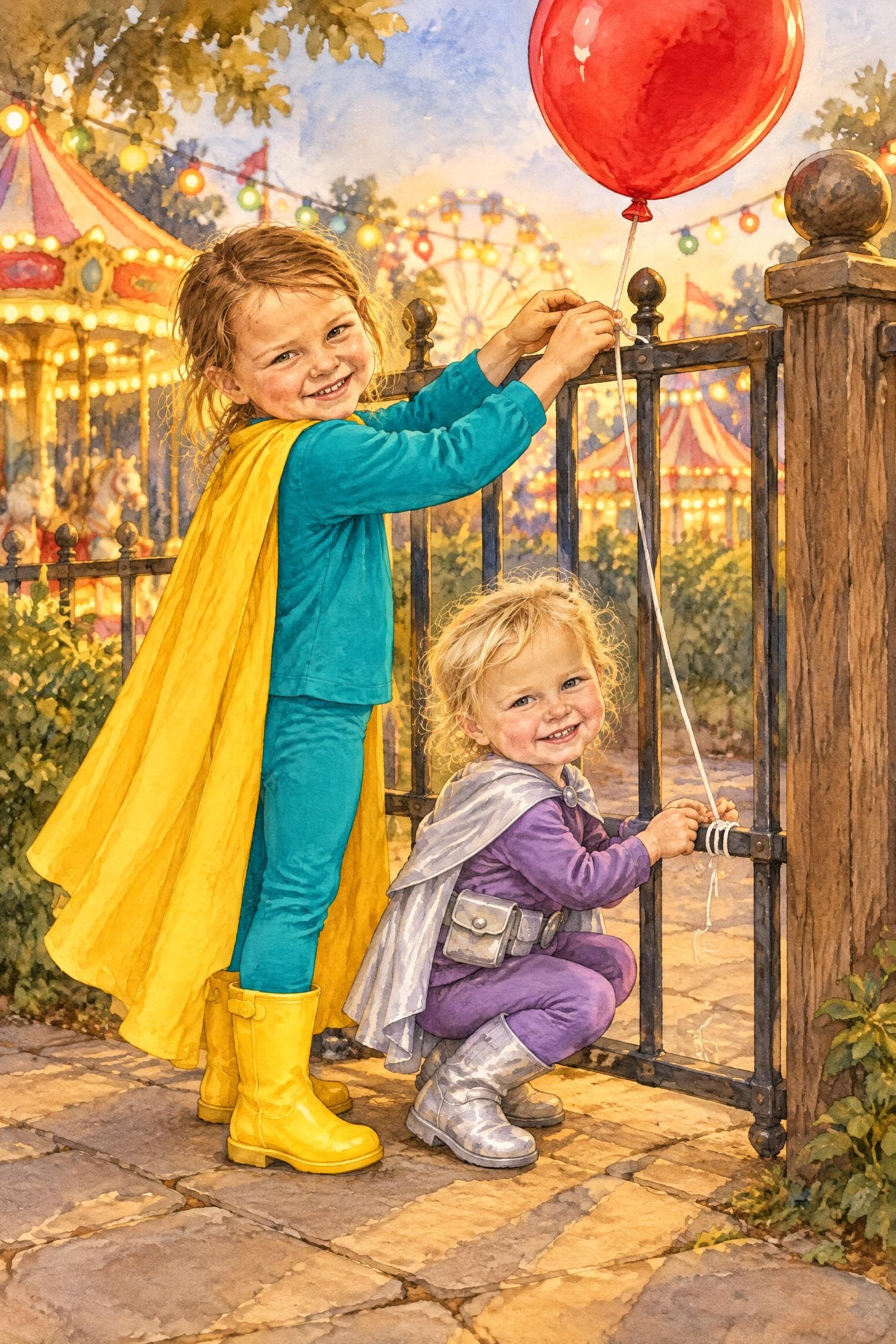 A painted storybook page: two girls in capes tying a red balloon to a fairground gate, rides and bunting behind them