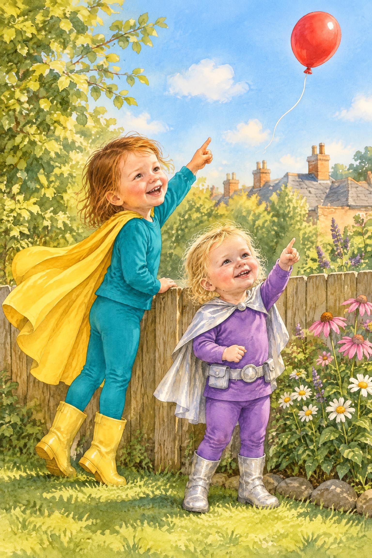 A painted storybook page: two girls in capes in a garden, pointing up at a red balloon floating over the rooftops