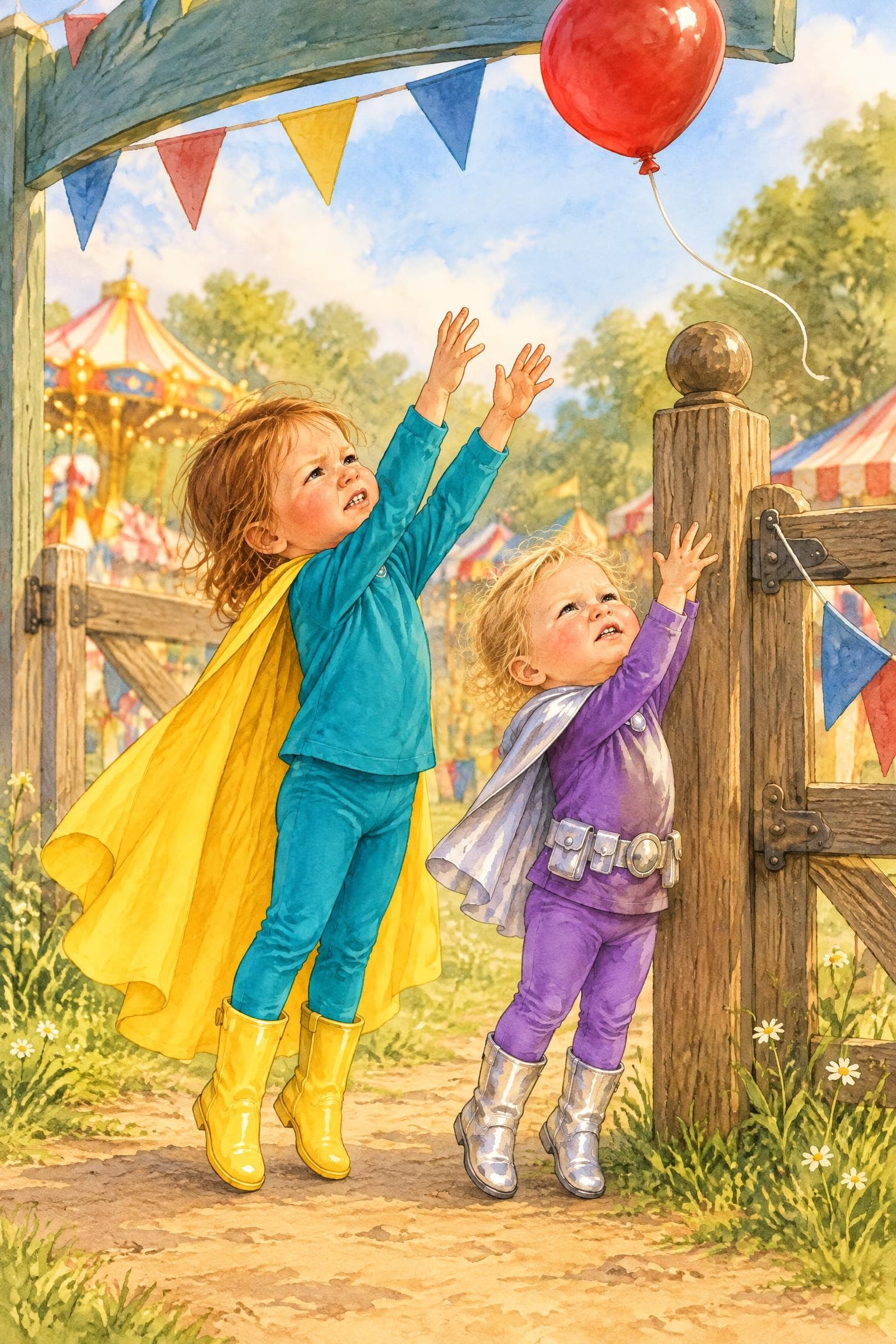 A painted storybook page: two girls in capes jumping and reaching for a balloon string caught high on a fairground gate