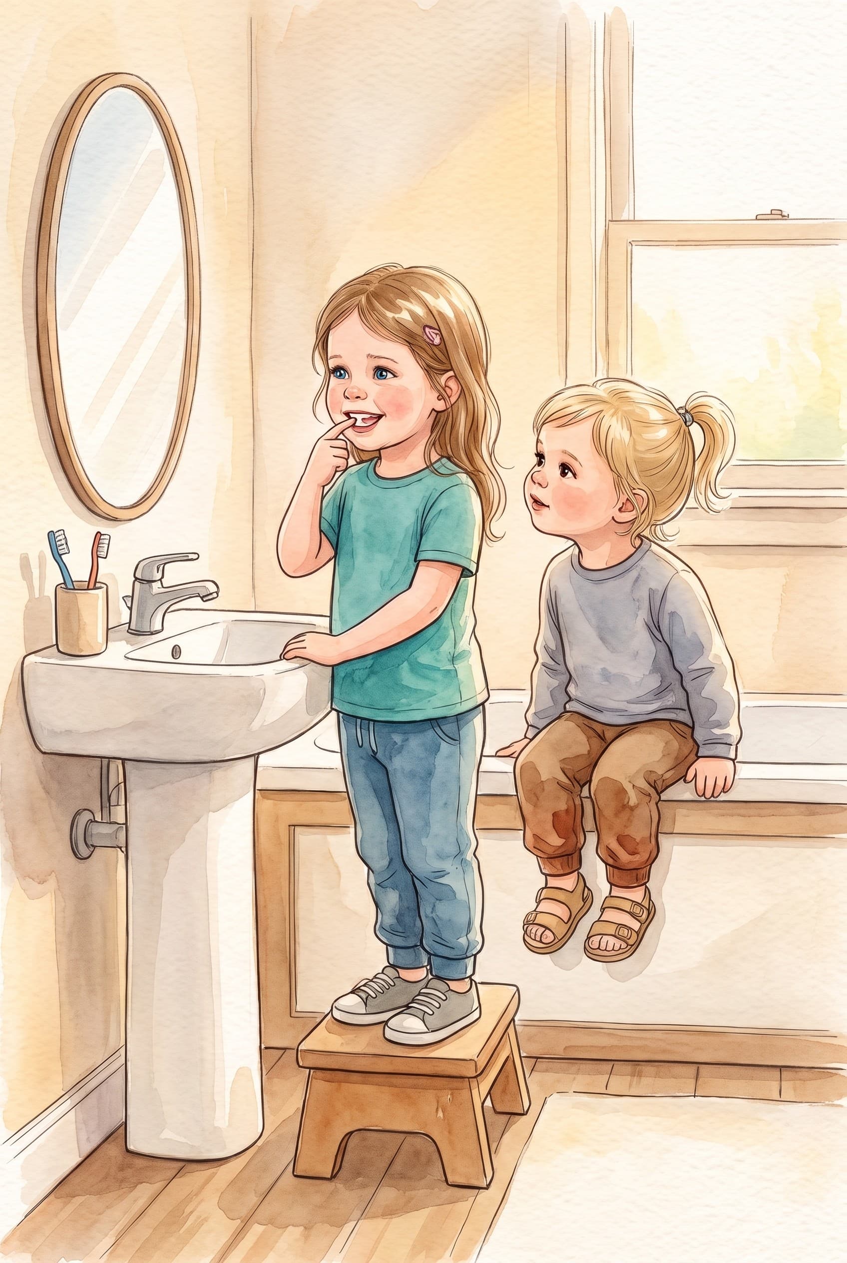 A watercolour storybook page: a girl on a step stool at the bathroom mirror, a finger on her wobbly front tooth, her little sister watching from the edge of the bath