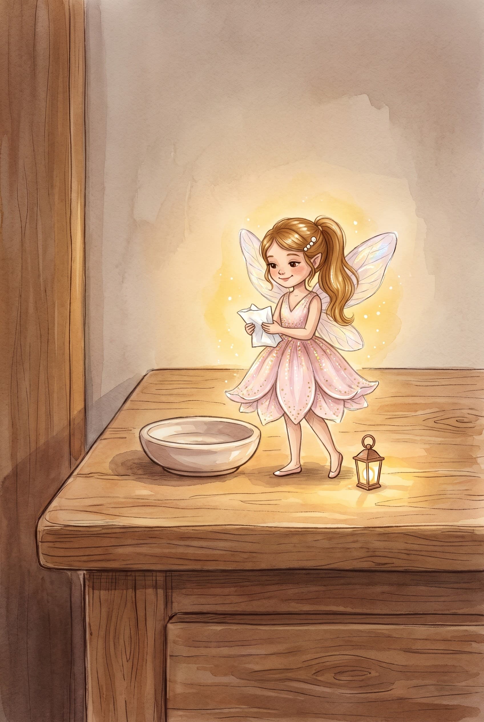 A watercolour storybook page: a tiny fairy on a bedside table beside a little dish, holding a tissue-wrapped tooth