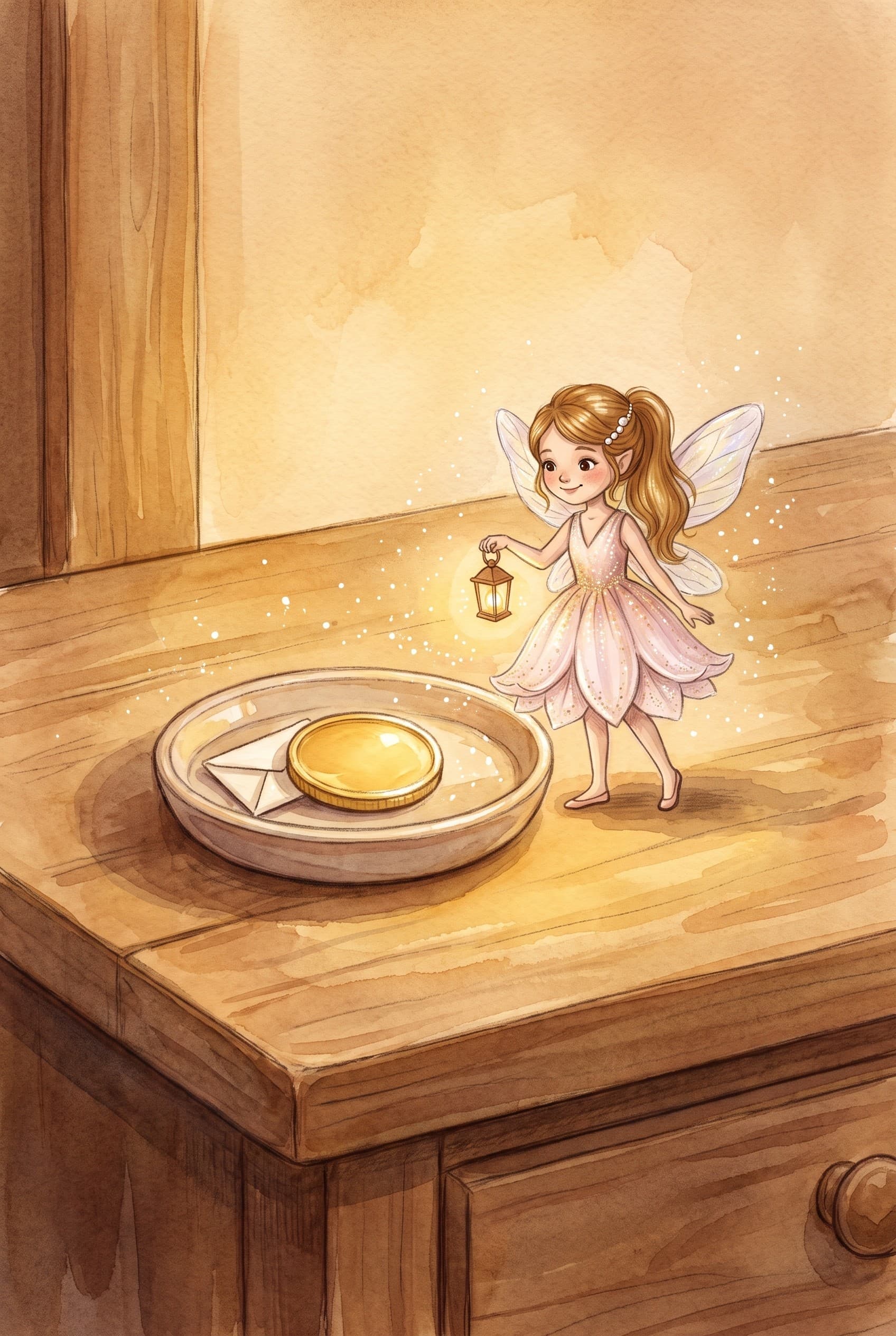 A watercolour storybook page: a tiny fairy beside a little dish holding a gold coin and a folded letter on a bedside table